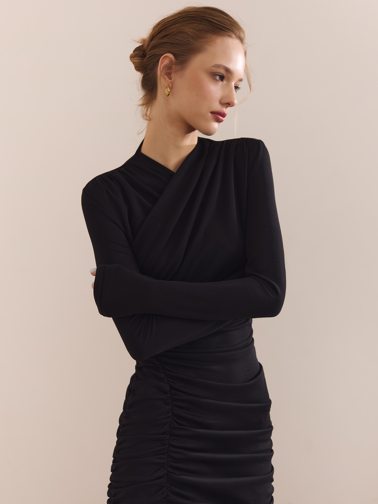Jersey midi dress with asymmetrical gathering at the front