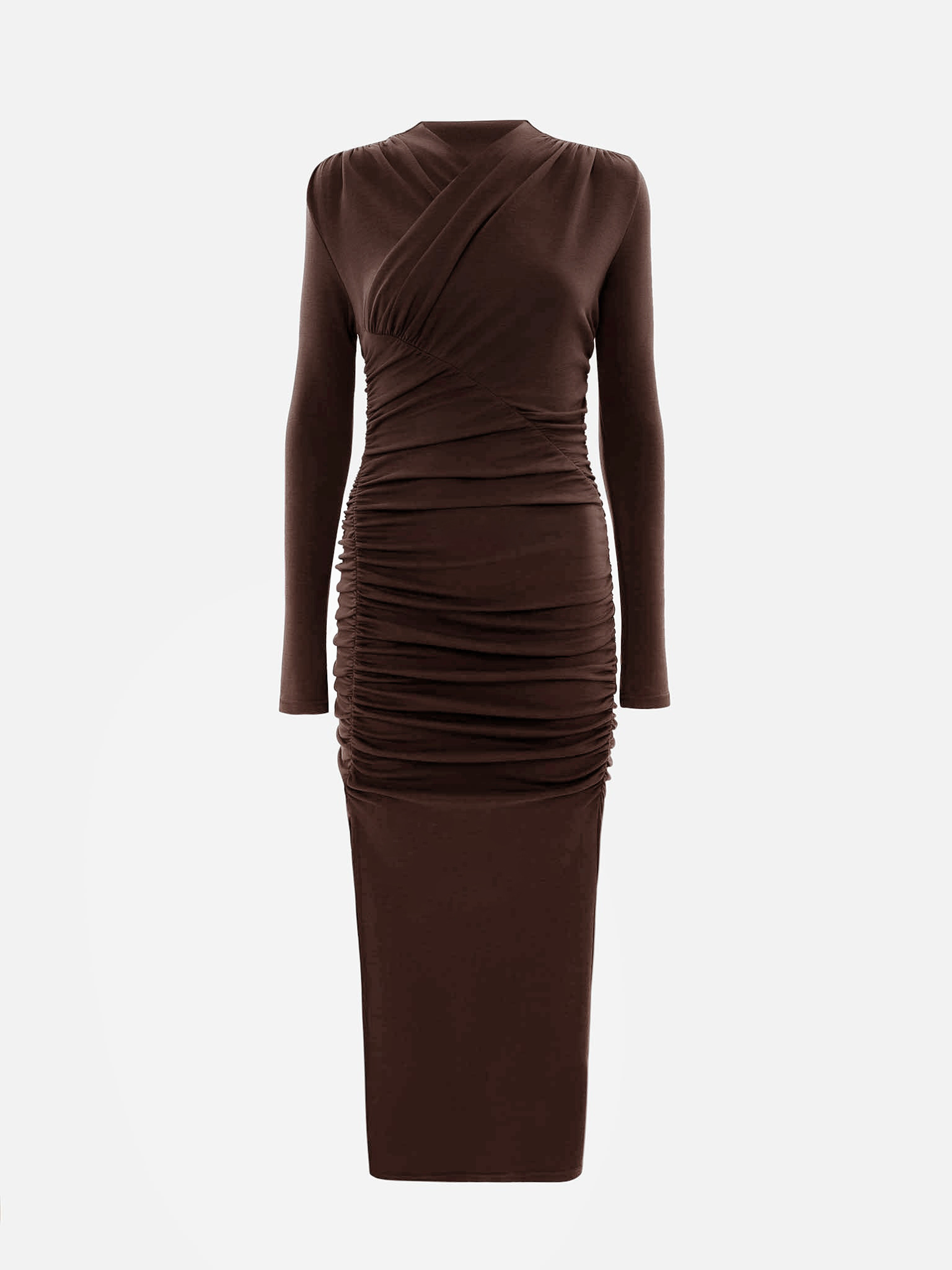 Jersey midi dress with asymmetrical gathering at the front