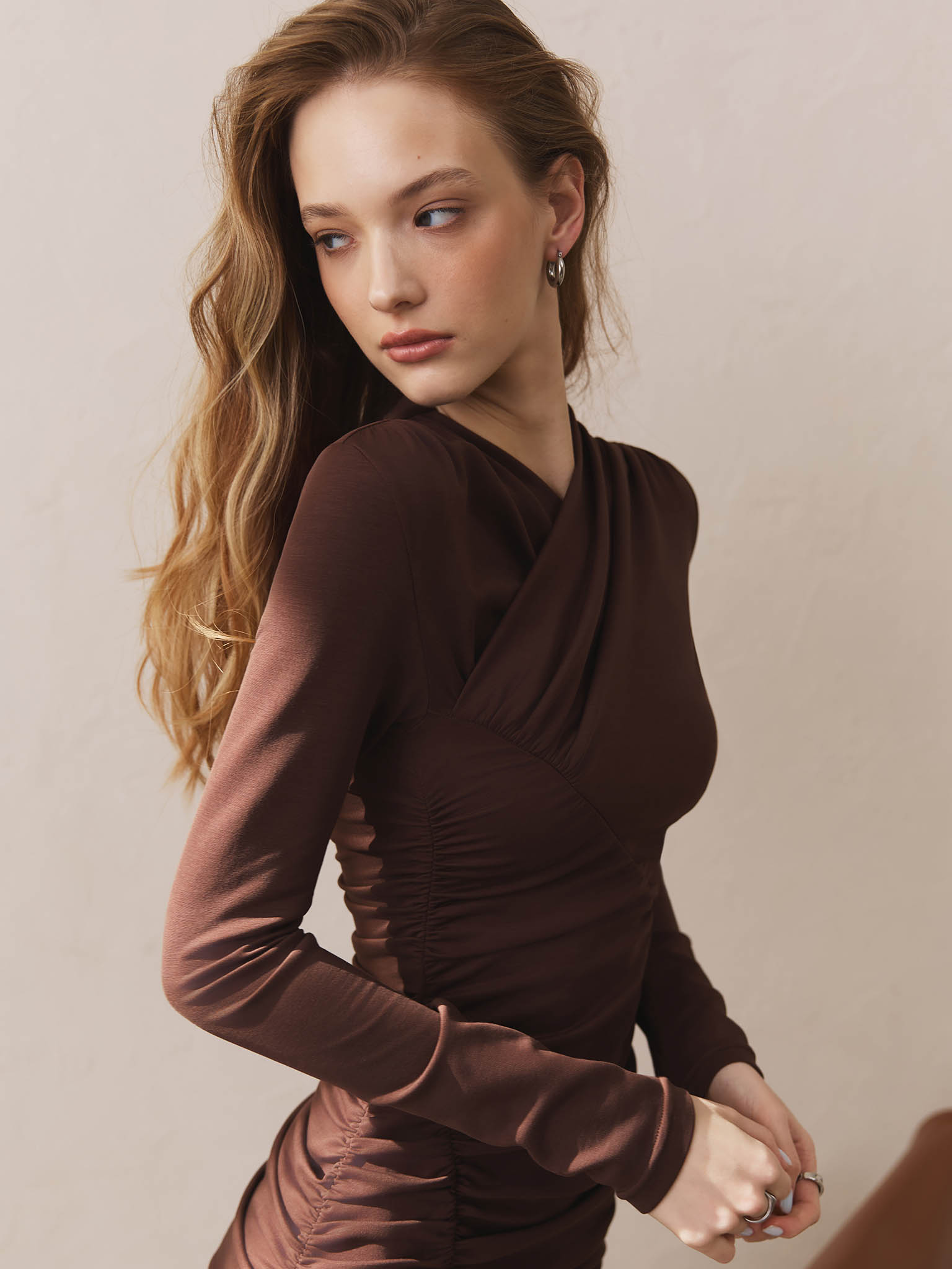 Jersey midi dress with asymmetrical gathering at the front