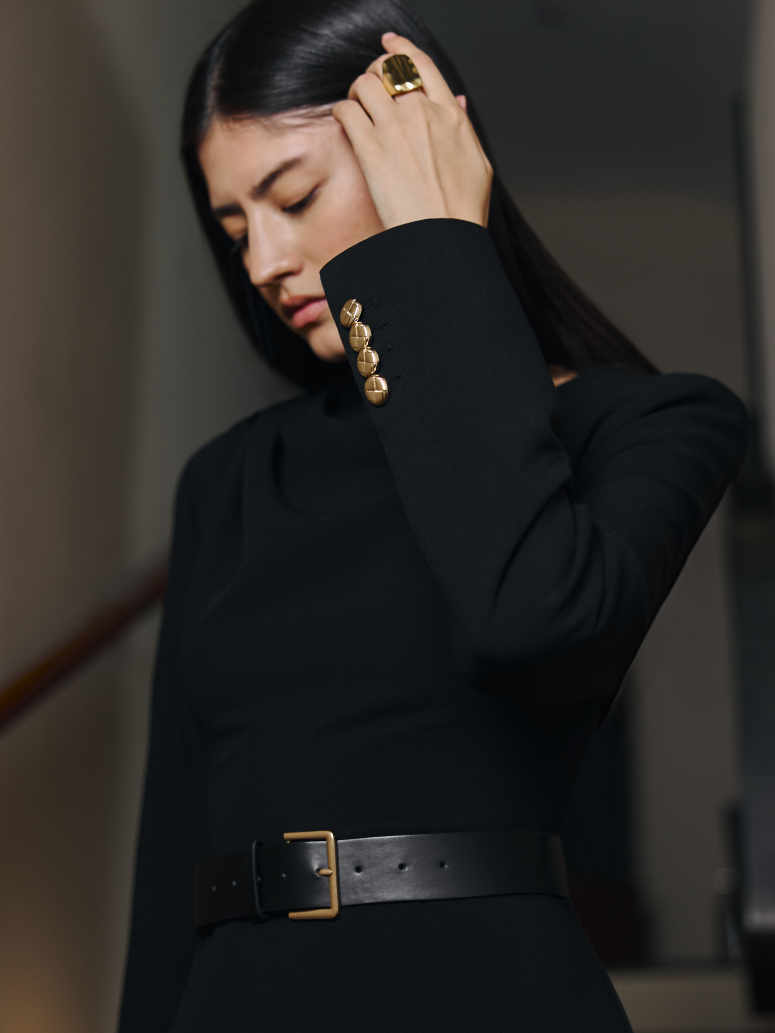 Mini dress with asymmetric bodice and eco leather belt