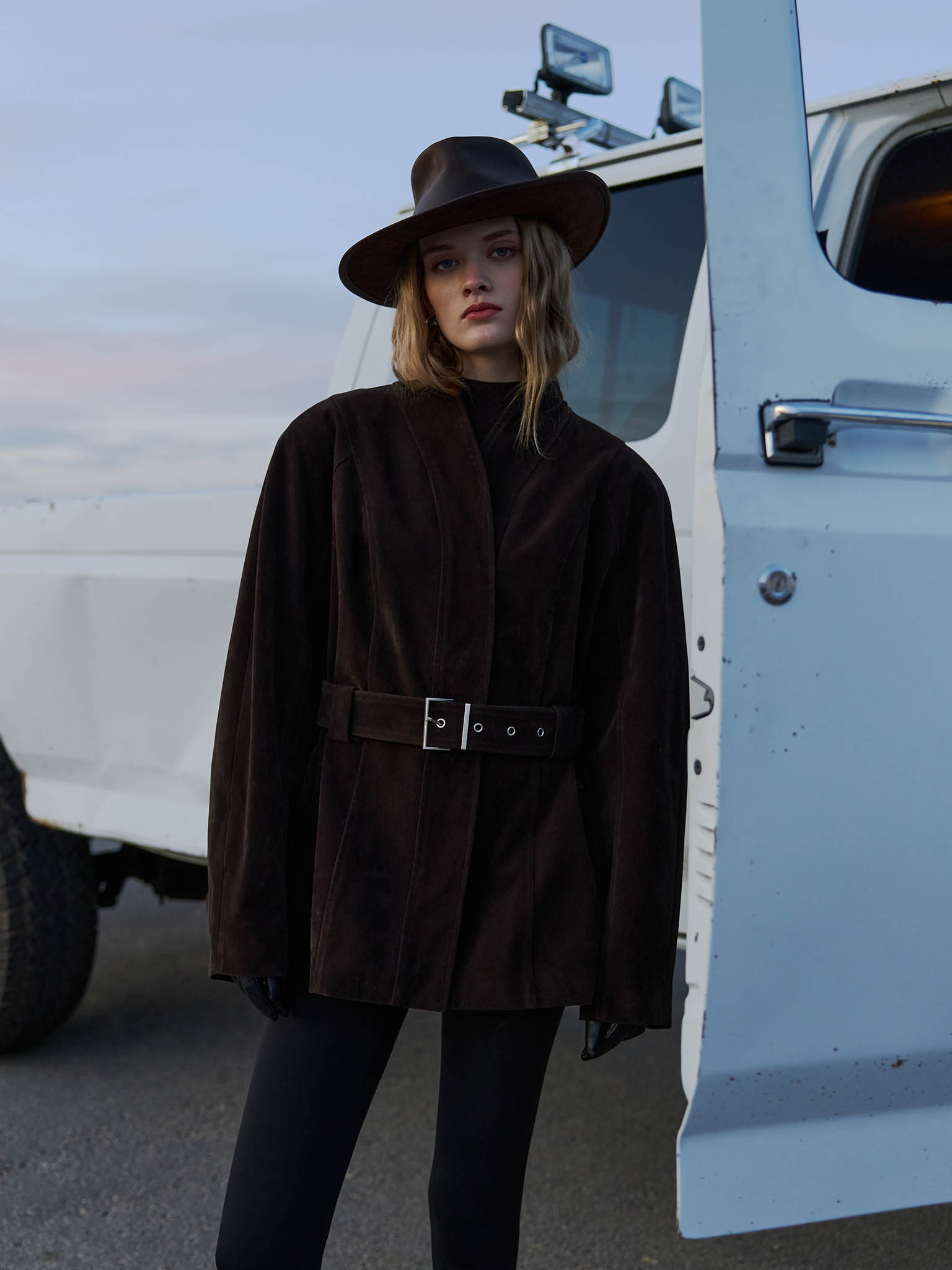 Straight eco-suede jacket with a wide belt