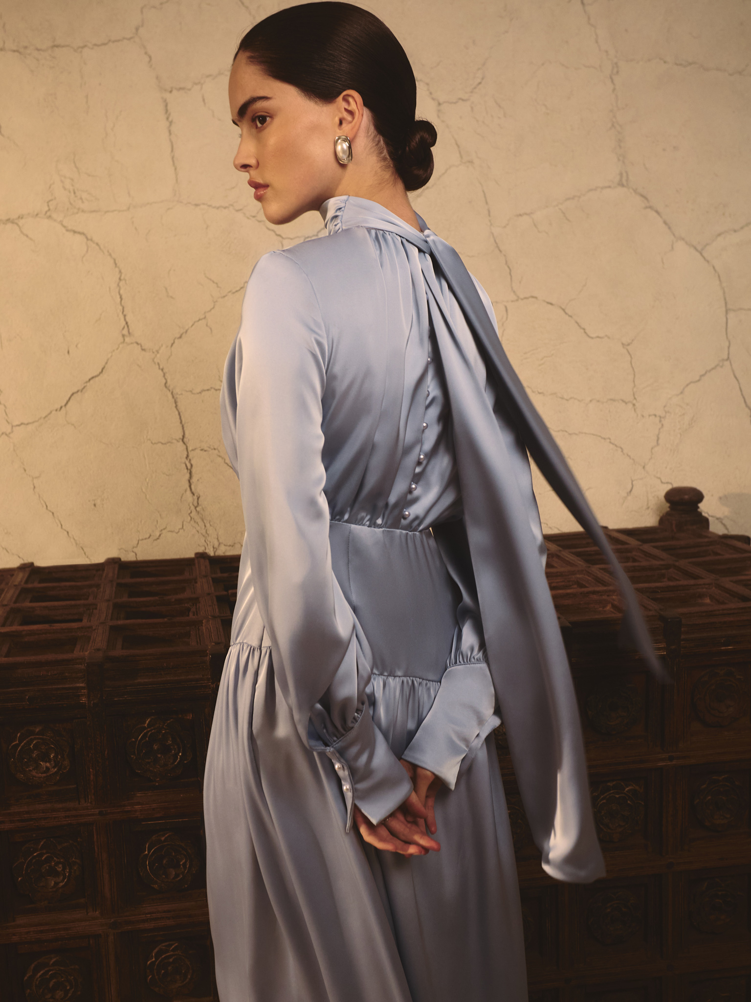 Smooth fitted maxi dress with pleats on the bodice