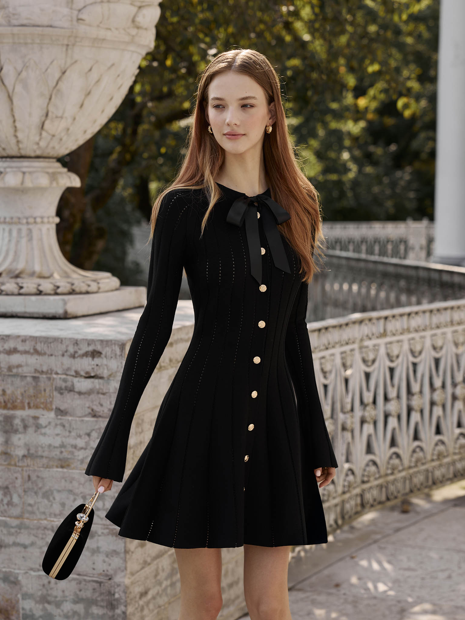 Openwork jersey mini dress with a collar satin bow — Lichi