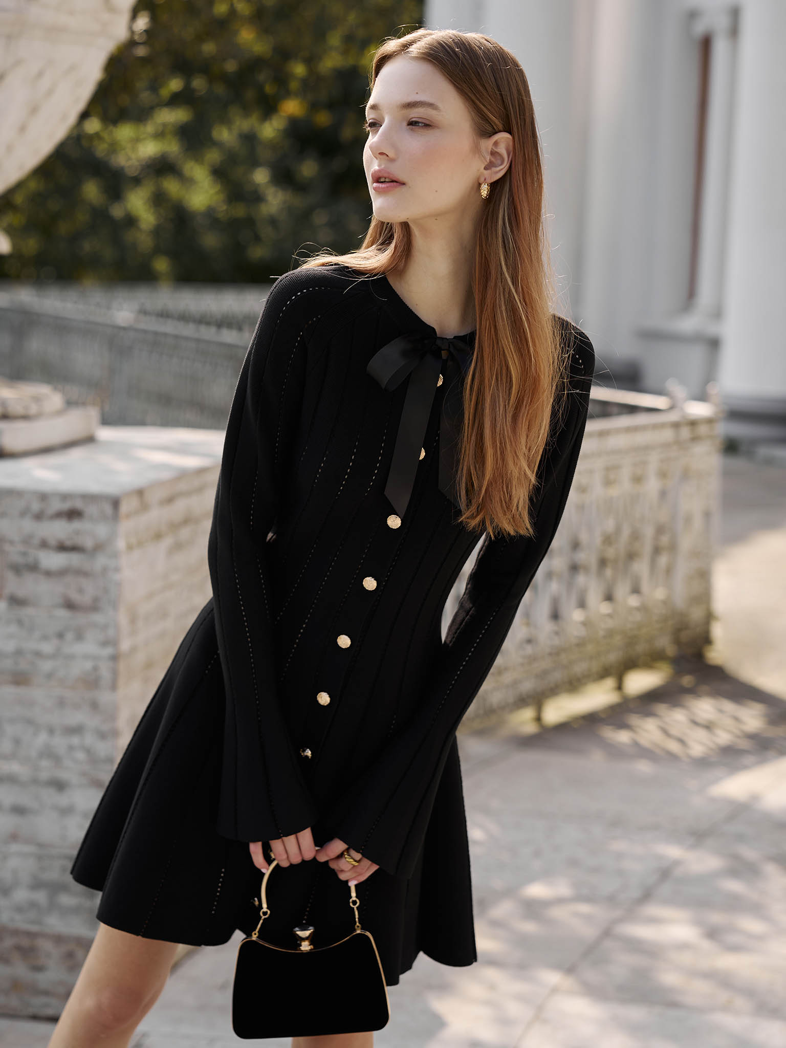 Openwork jersey mini dress with a collar satin bow — Lichi
