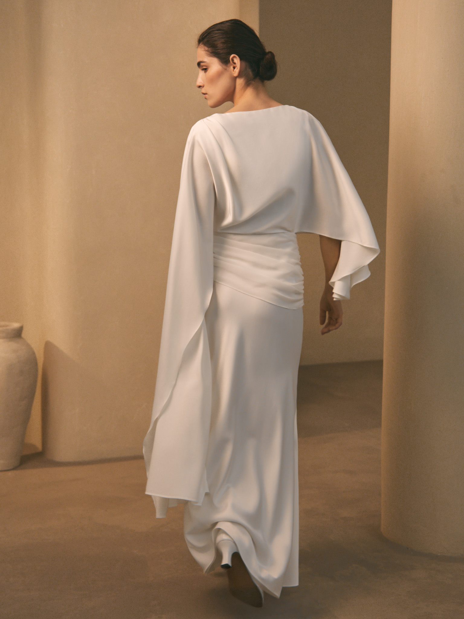 Satin maxi floor-length dress with asymmetrical drapery on the bodice