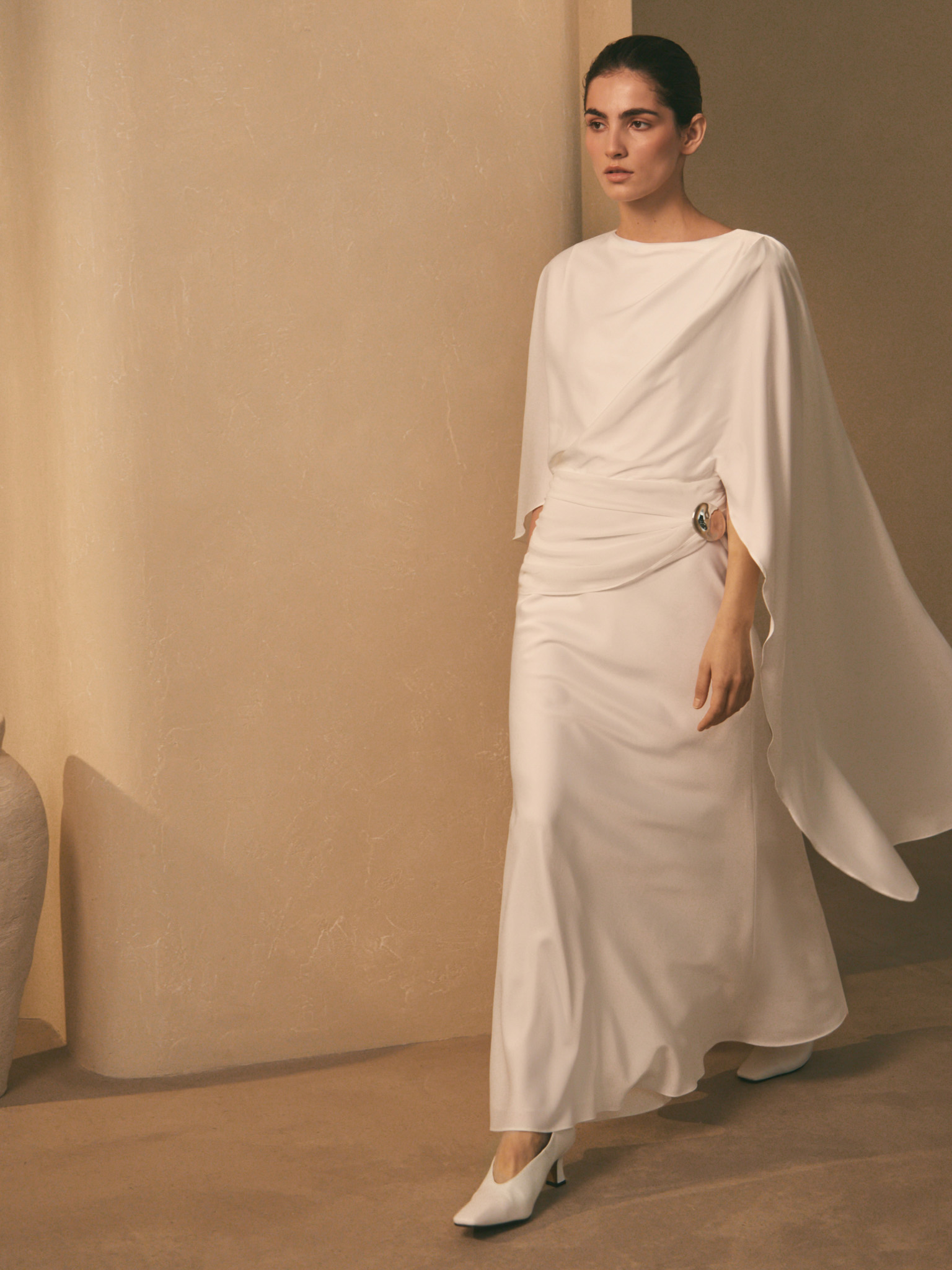 Satin maxi floor-length dress with asymmetrical drapery on the bodice