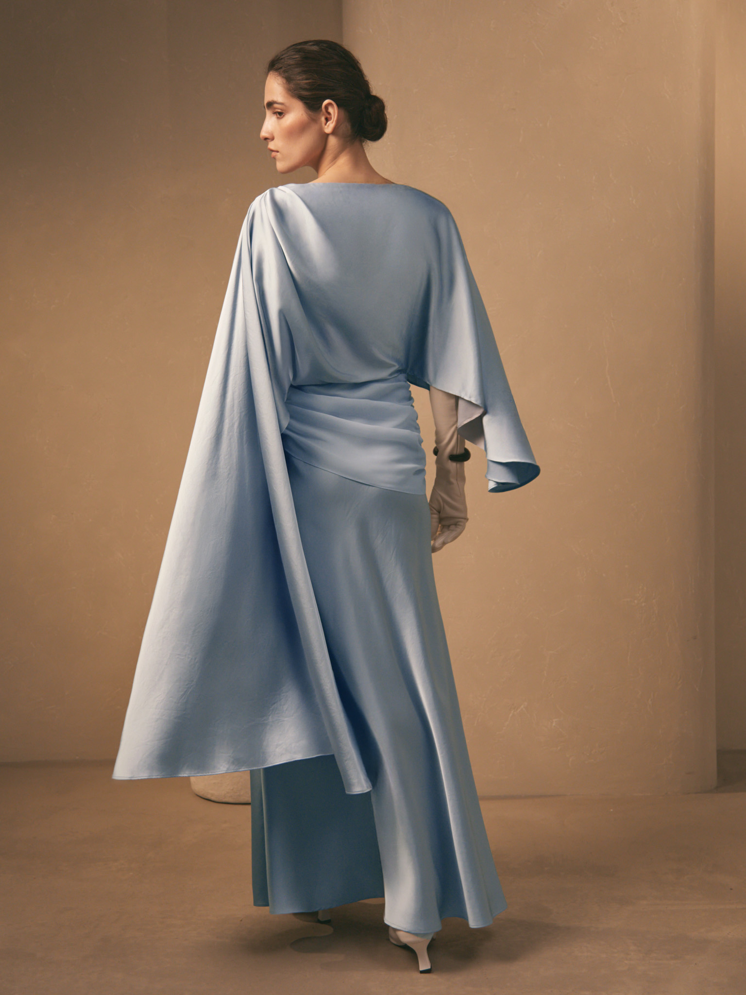 Satin maxi floor-length dress with asymmetrical drapery on the bodice