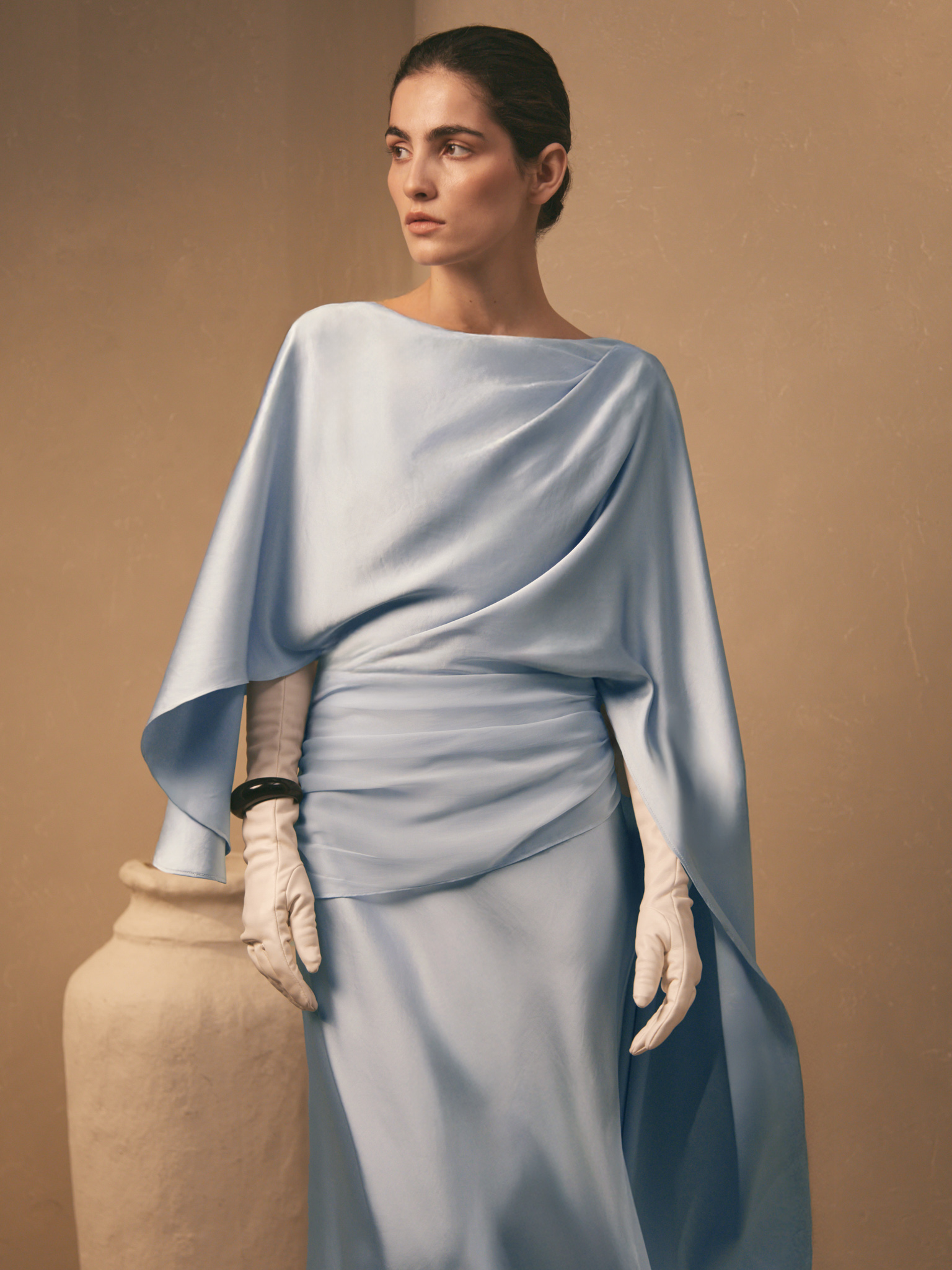 Satin maxi floor-length dress with asymmetrical drapery on the bodice