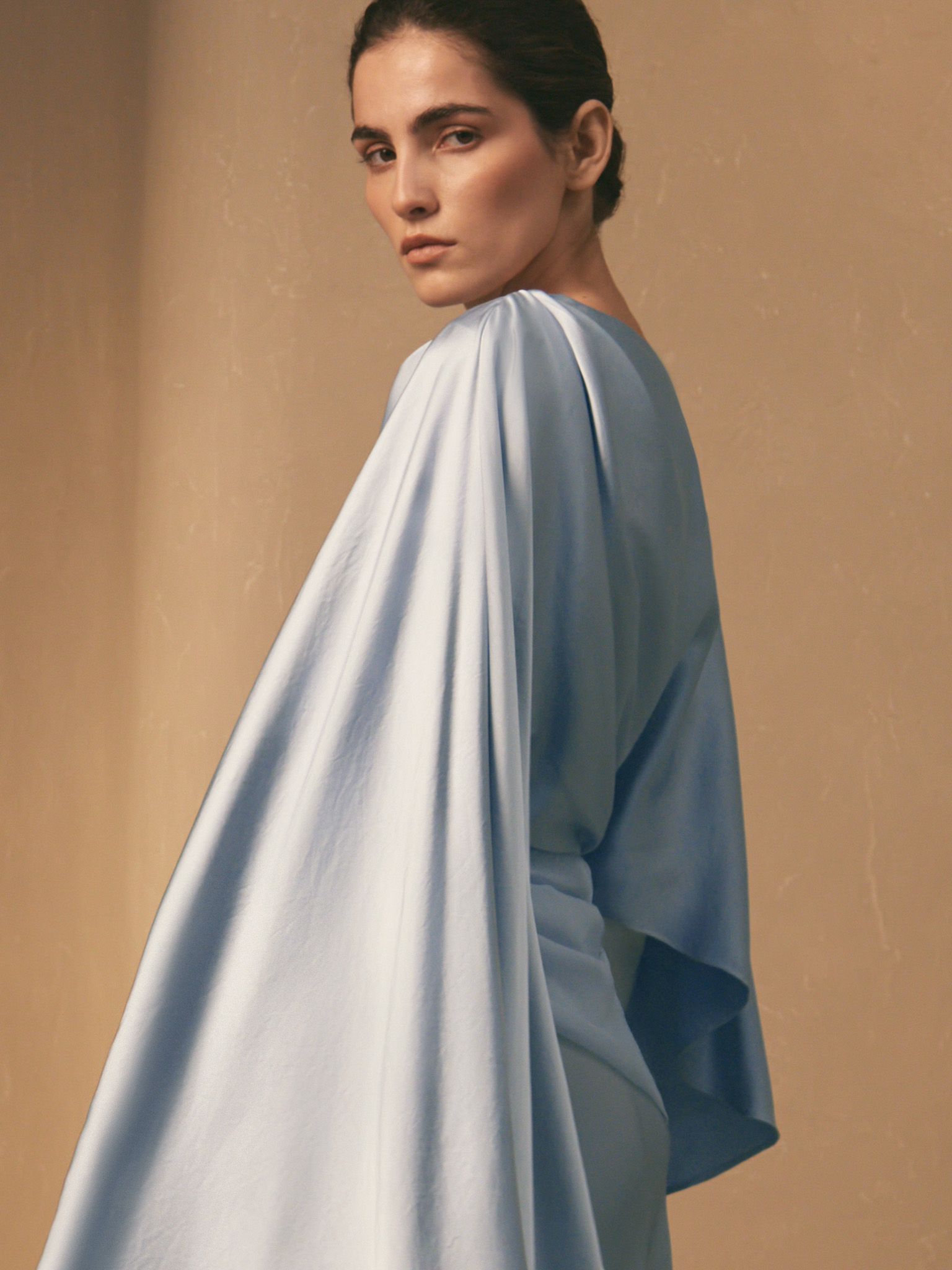 Satin maxi floor-length dress with asymmetrical drapery on the bodice