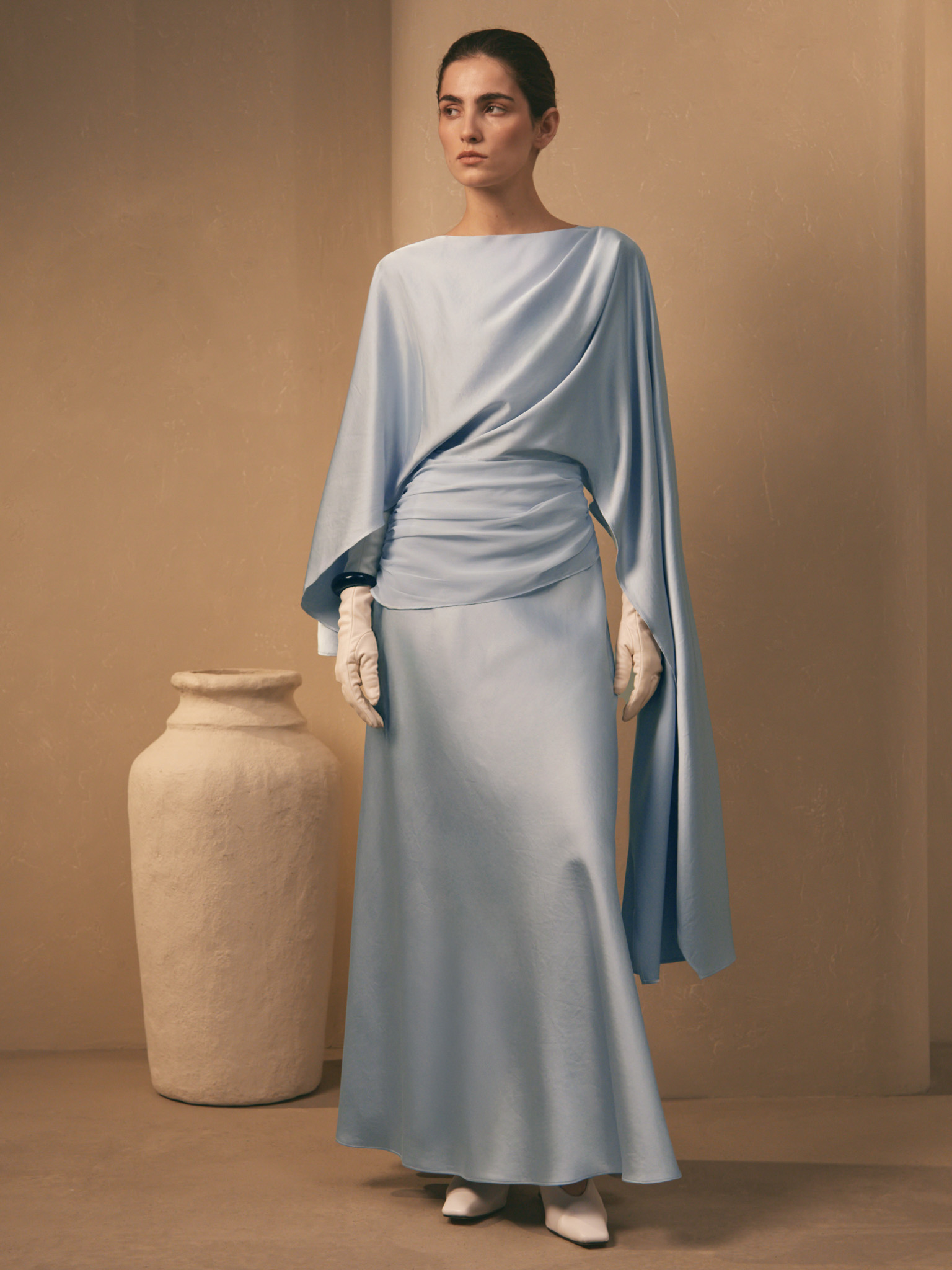 Satin maxi floor-length dress with asymmetrical drapery on the bodice