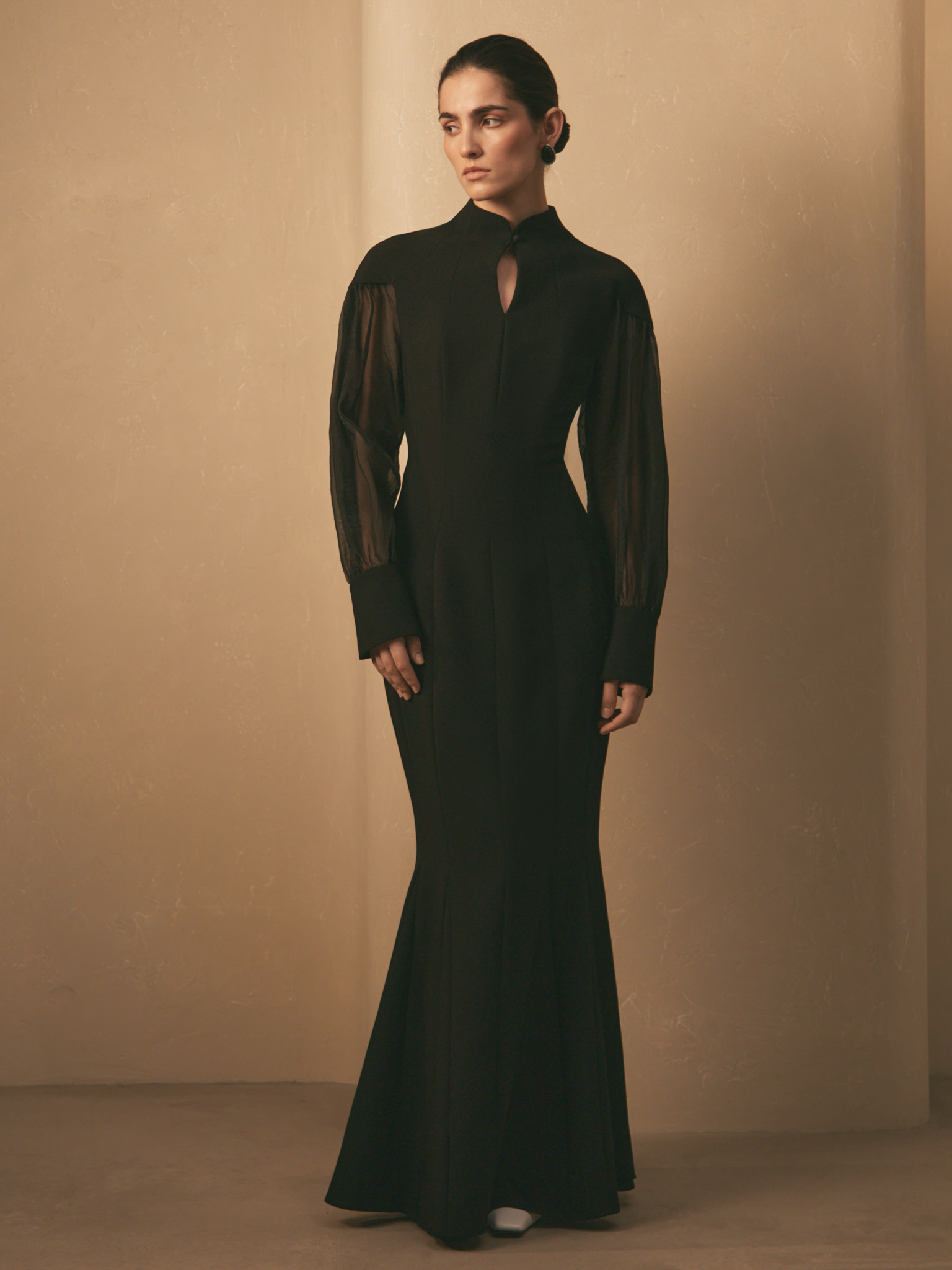 Maxi dress with semi-transparent puff sleeves