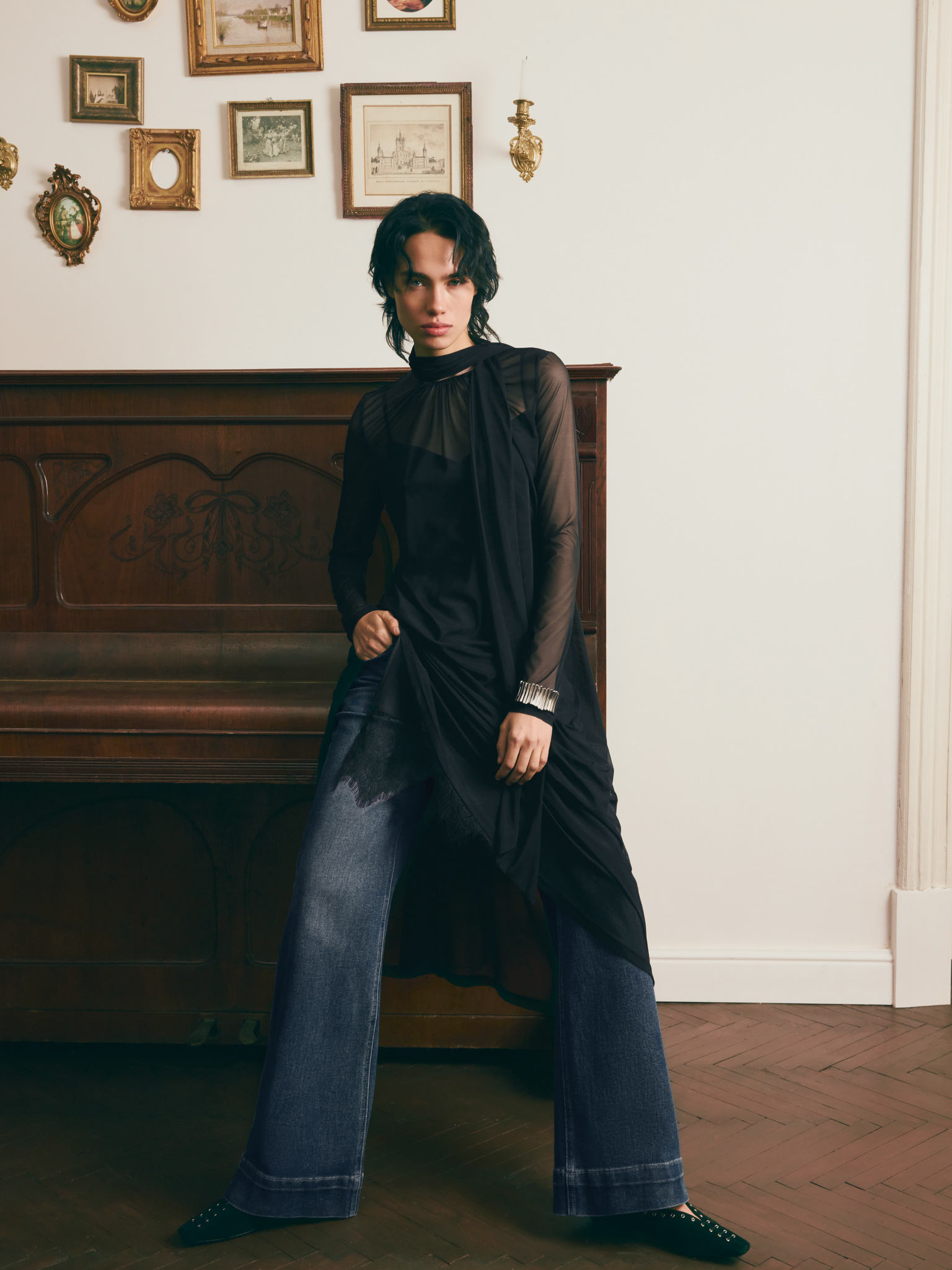 Semi-transparent midi dress with lace detailing