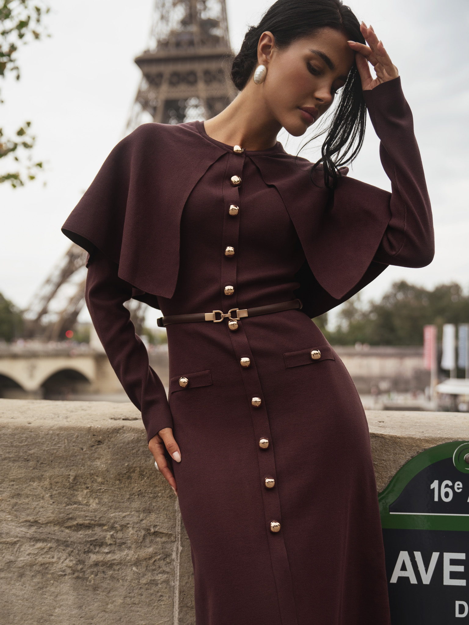 Midi dress with a cape and matching belt