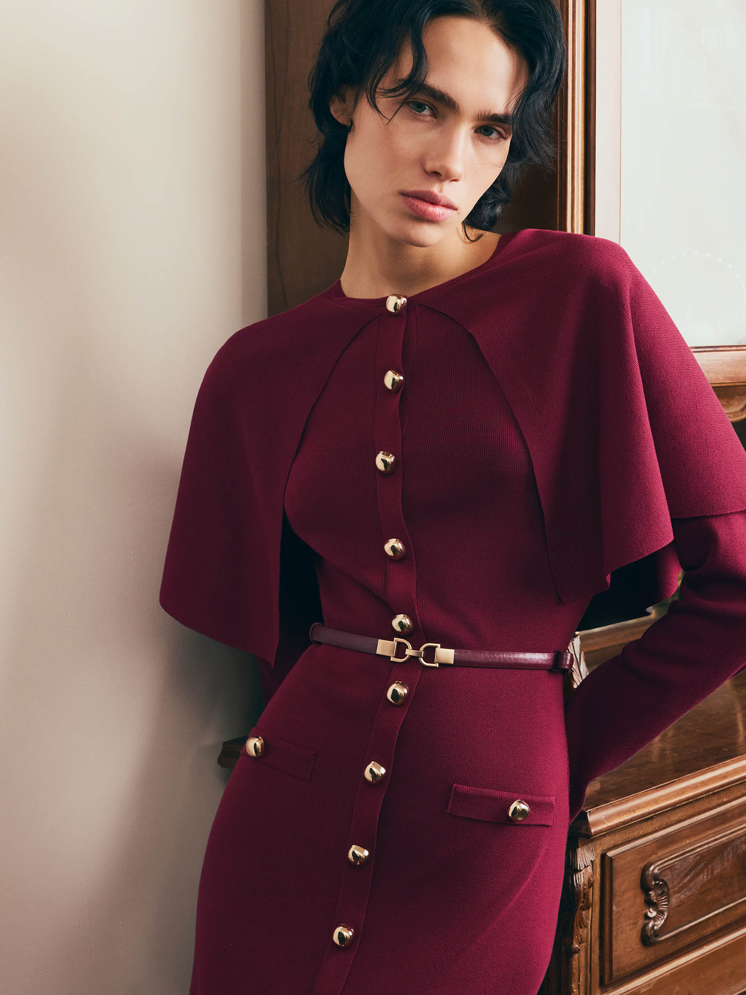 Midi dress with a cape and matching belt