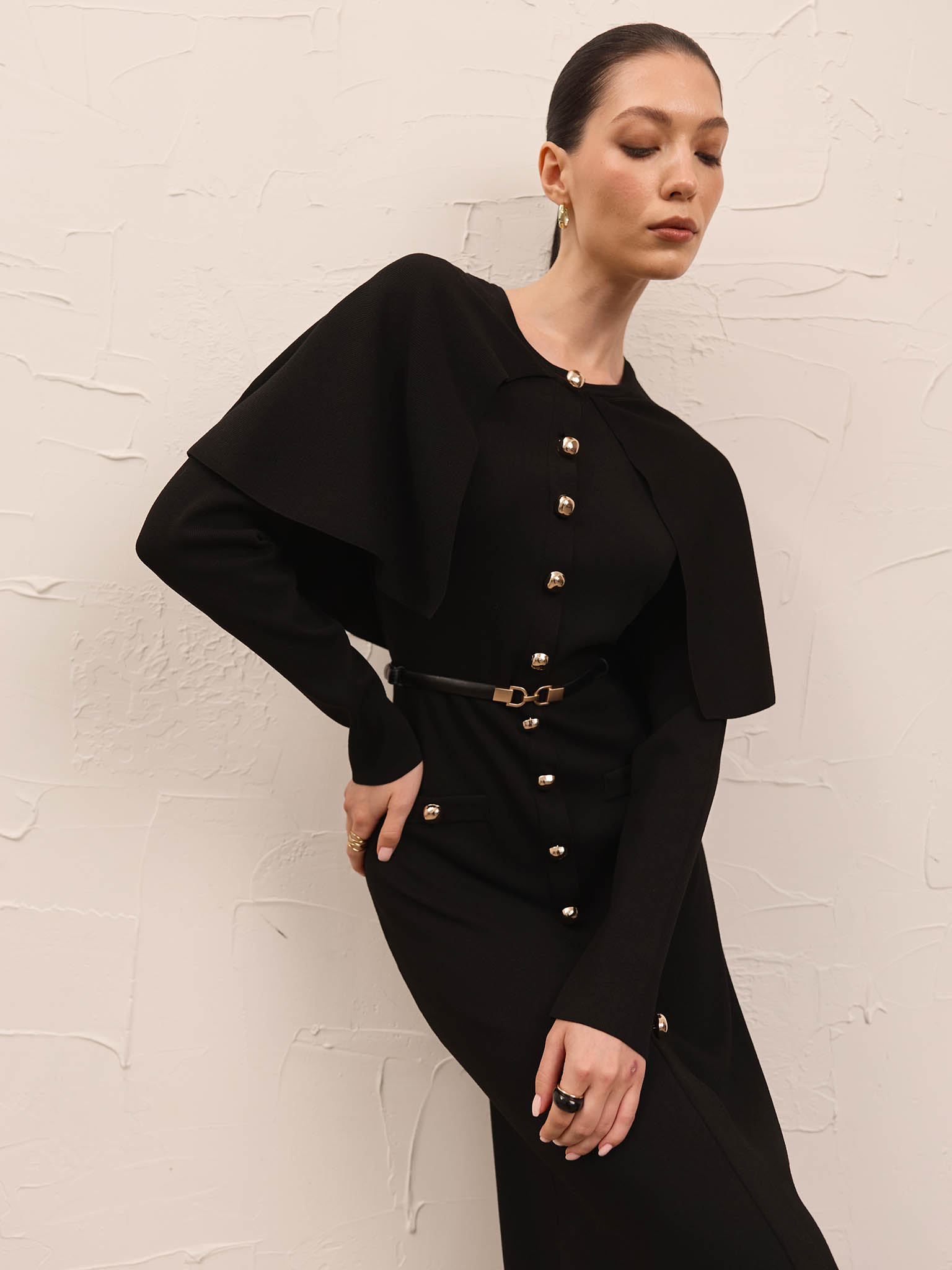 Midi dress with a cape and matching belt