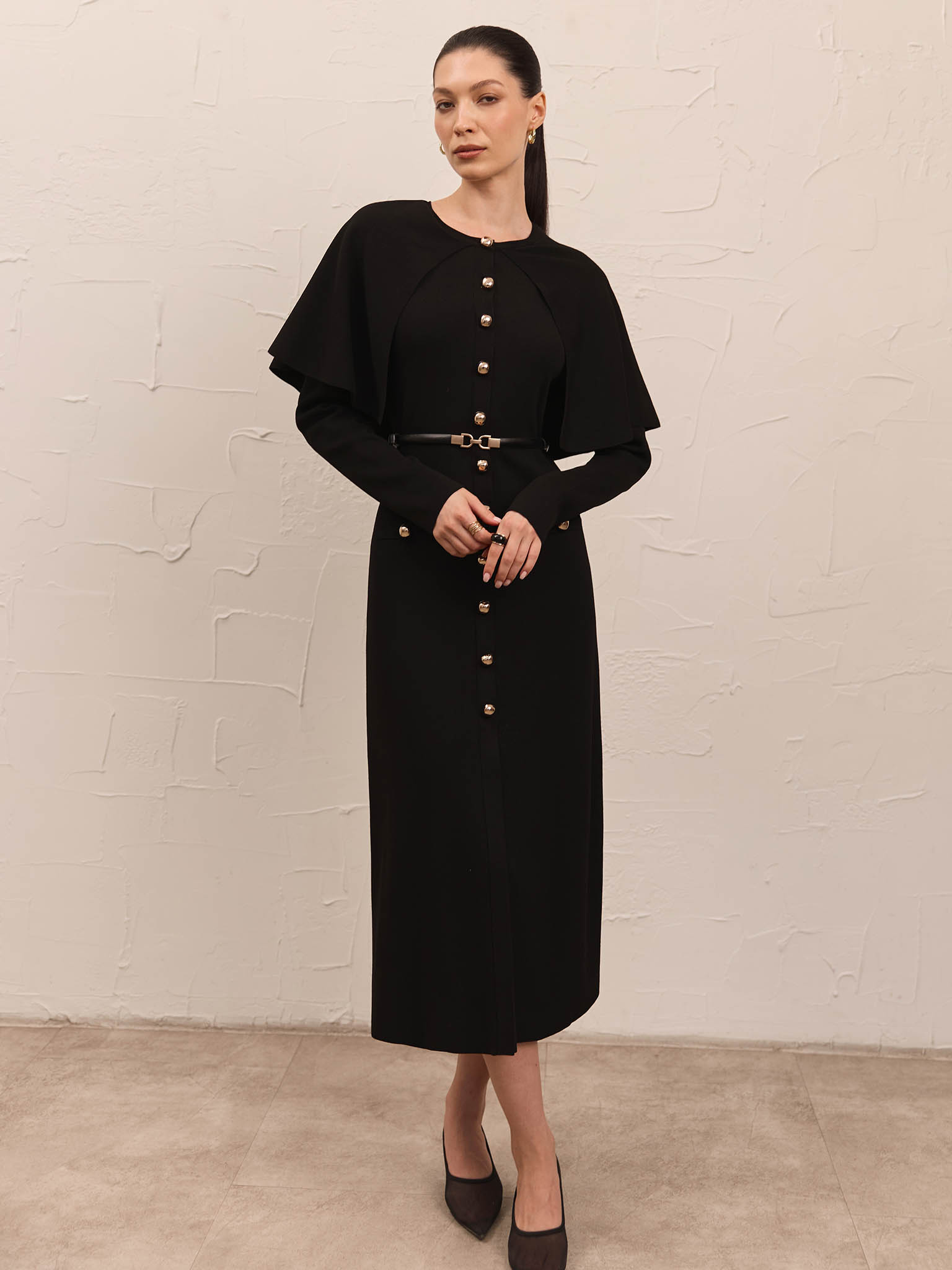 Midi dress with a cape and matching belt