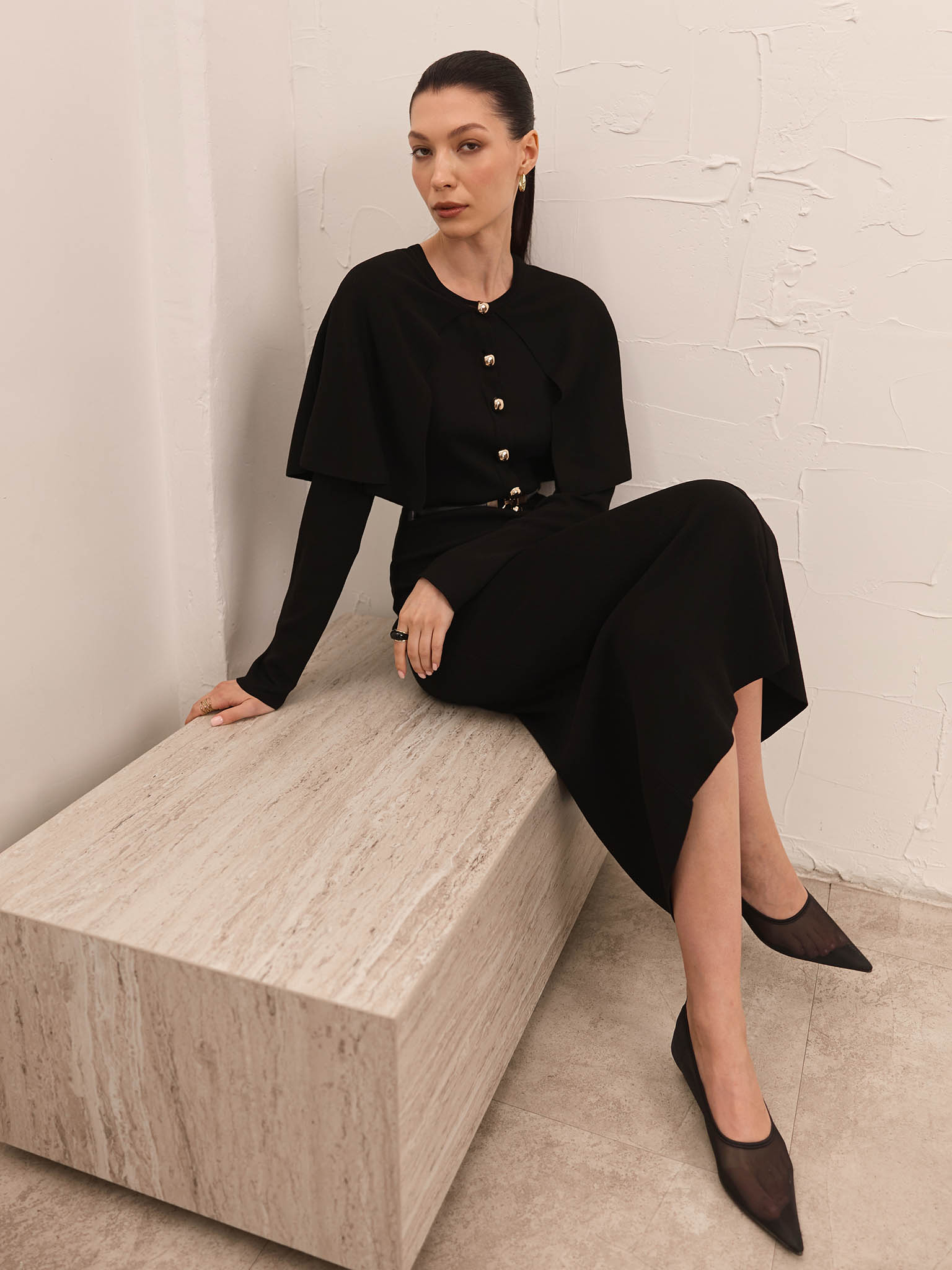 Midi dress with a cape and matching belt