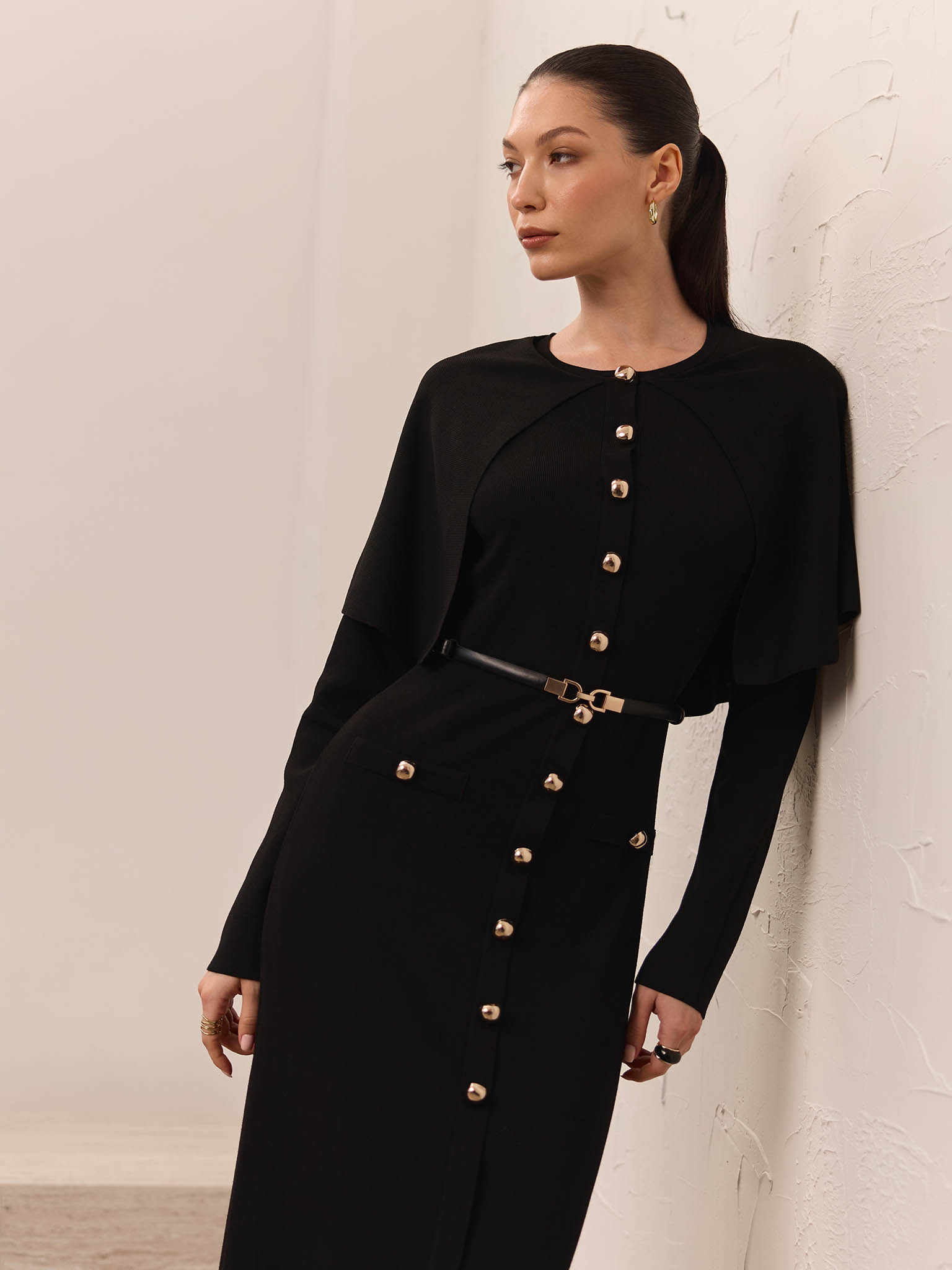 Midi dress with a cape and matching belt