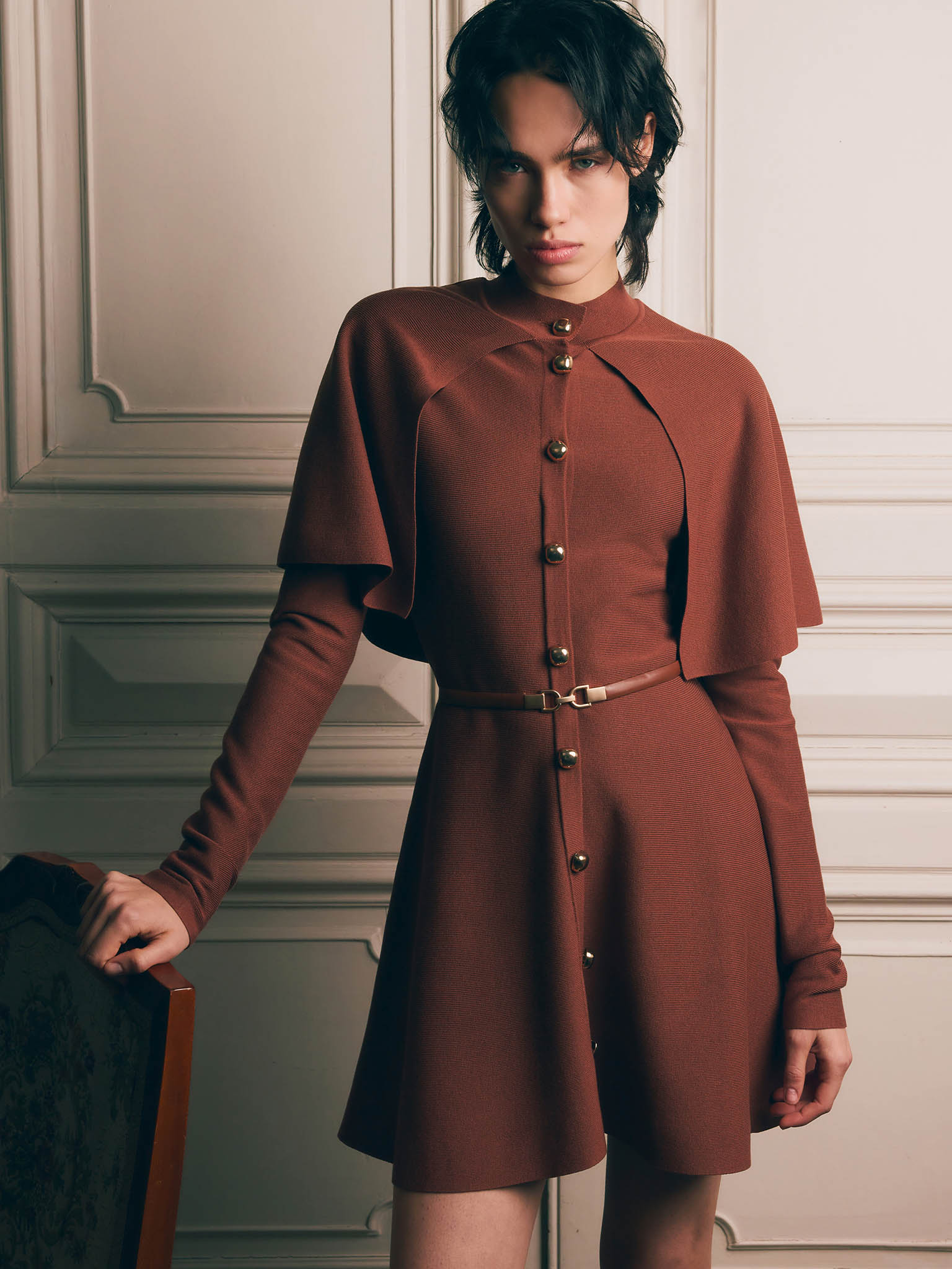 Mini dress with a cape and matching belt