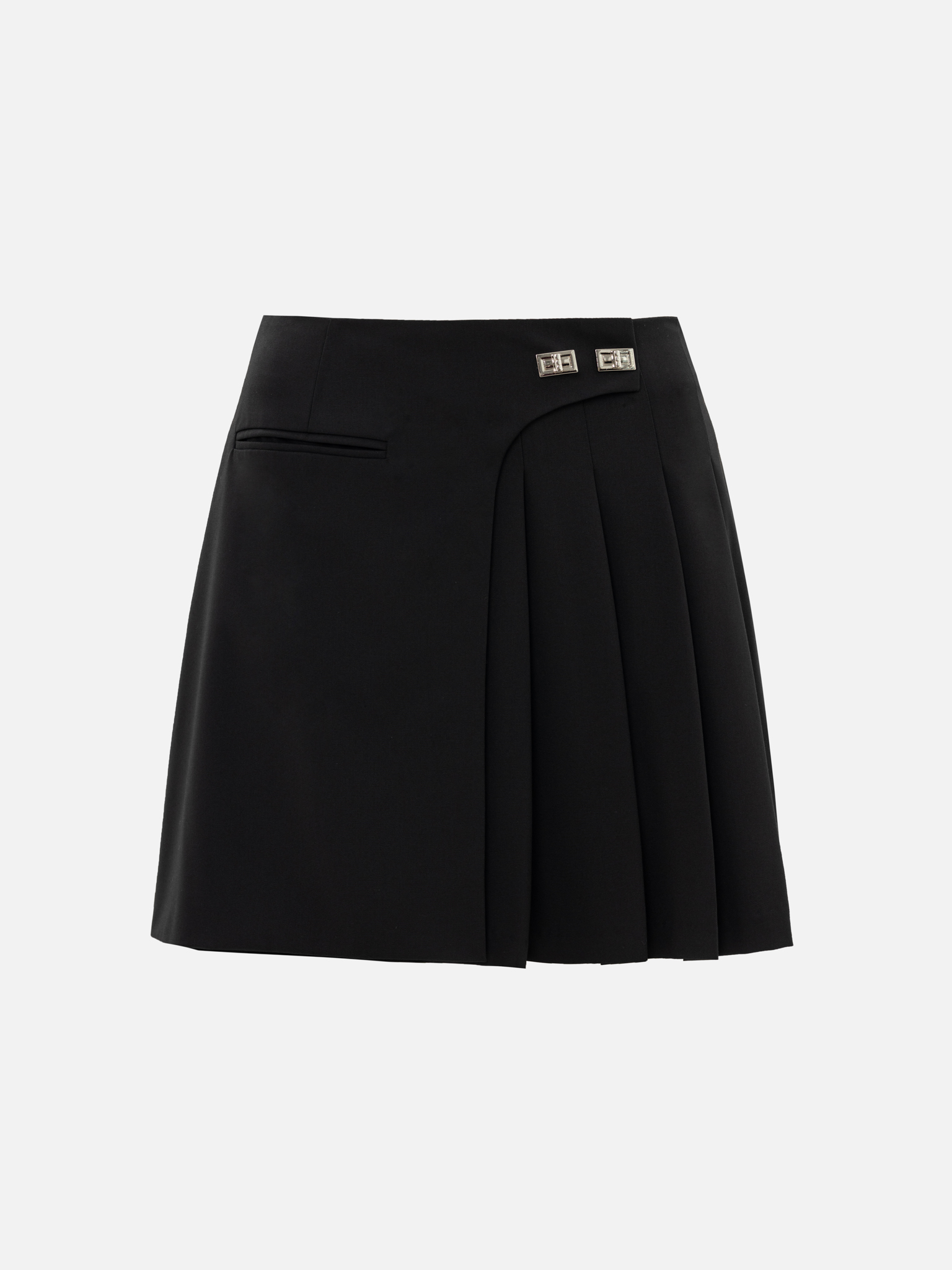 Flared wrap mini skirt with metal fastening