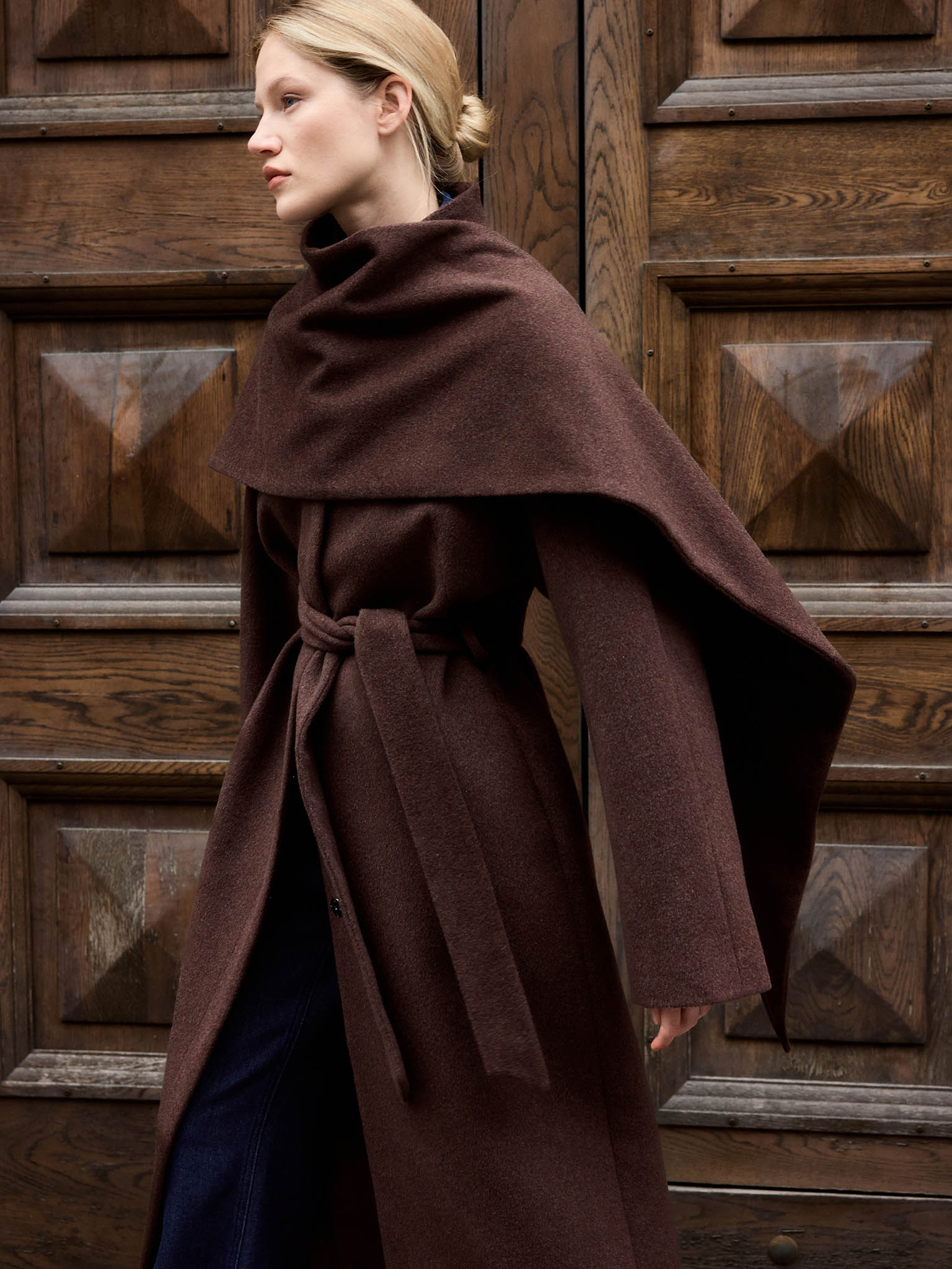 Woollen maxi coat with shawl collar