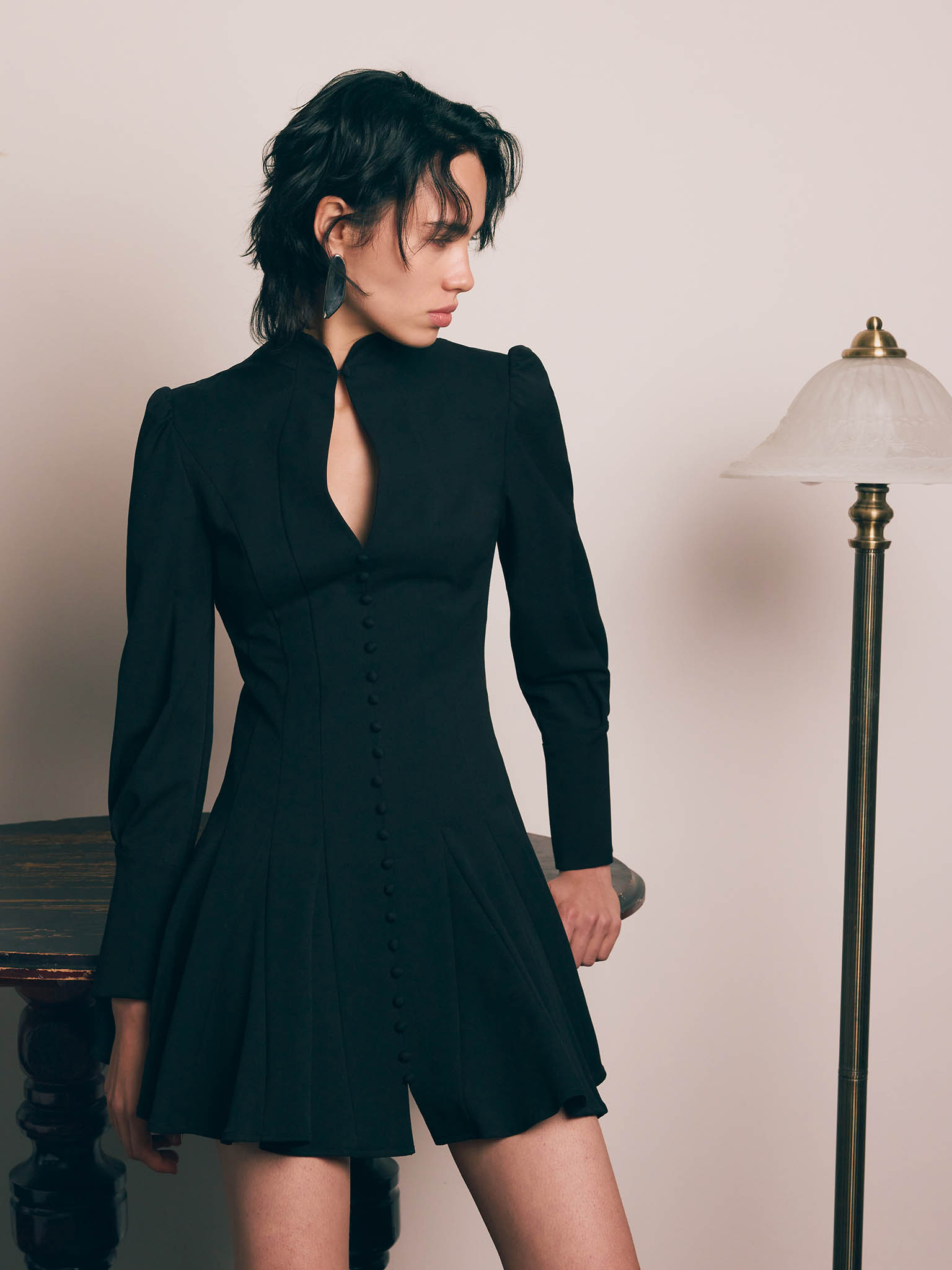 Fitted mini dress with shaped neckline and small buttons
