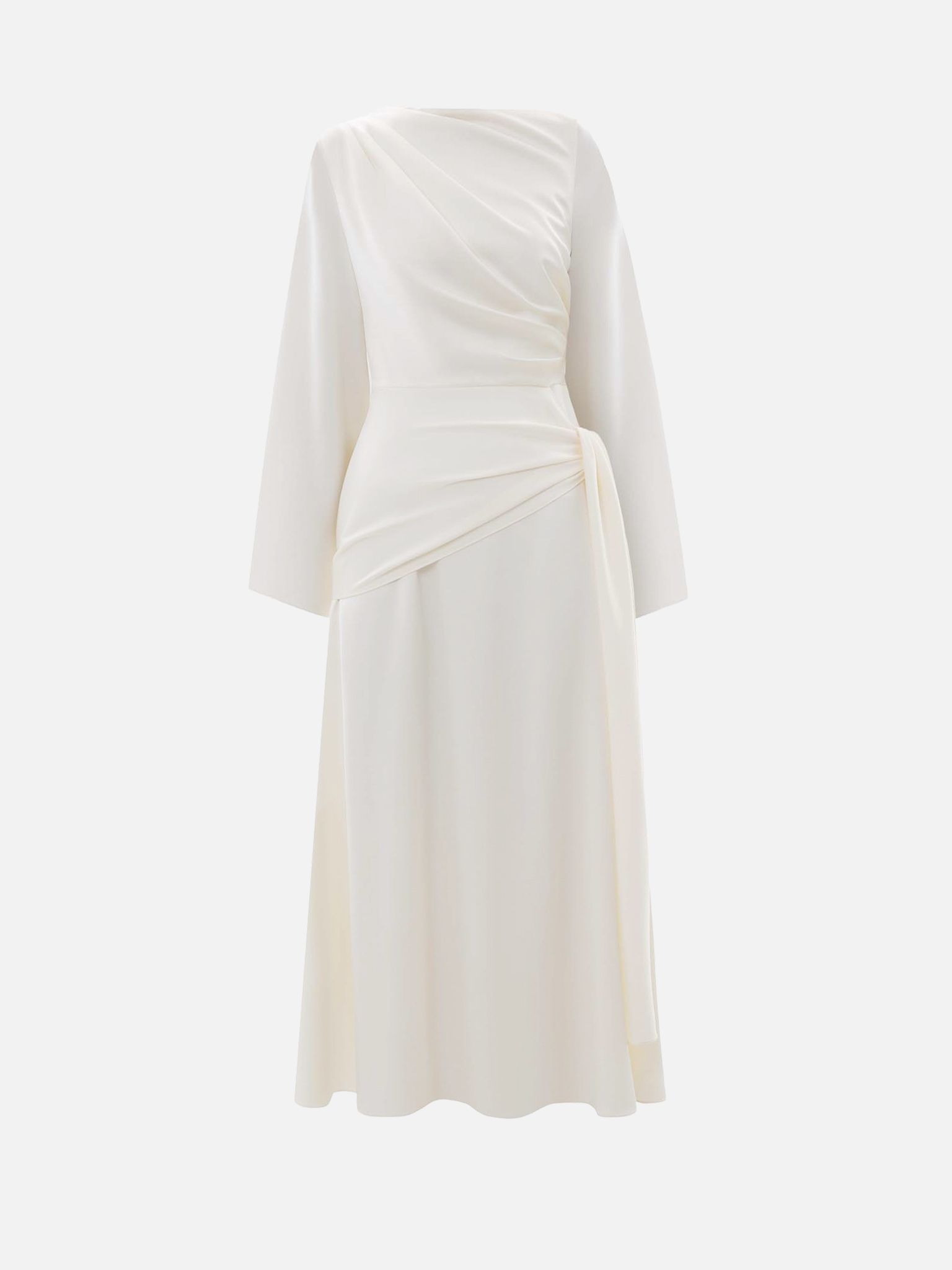 Maxi satin dress with long sleeves and asymmetrical draping
