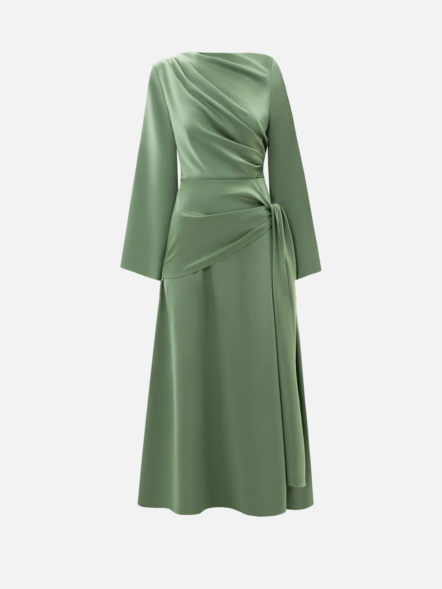 Maxi satin dress with long sleeves and asymmetrical draping