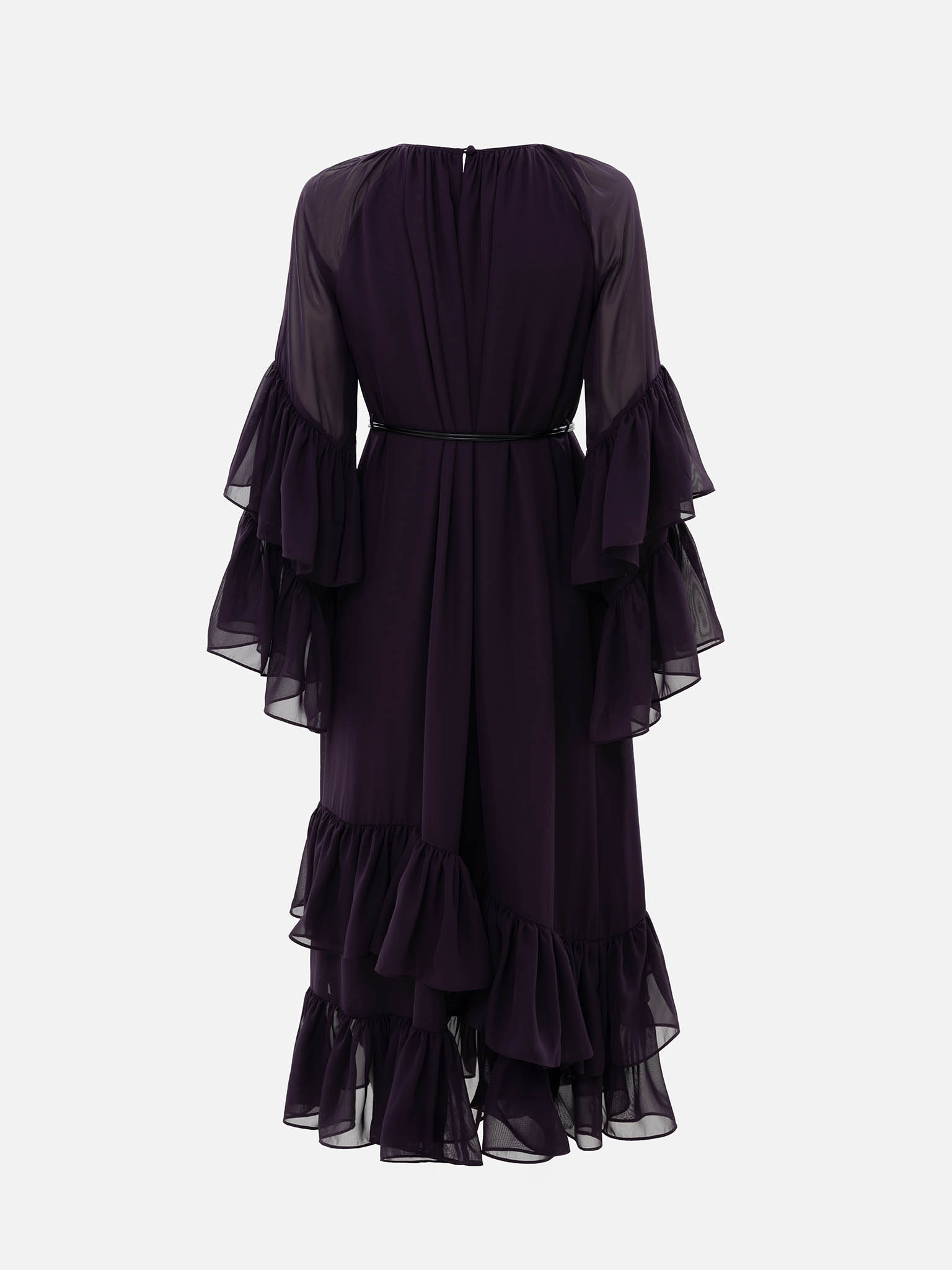 فستان شيفون متوسط الطول مع كشكشة ضخمة وحزام من الجلد البيئي