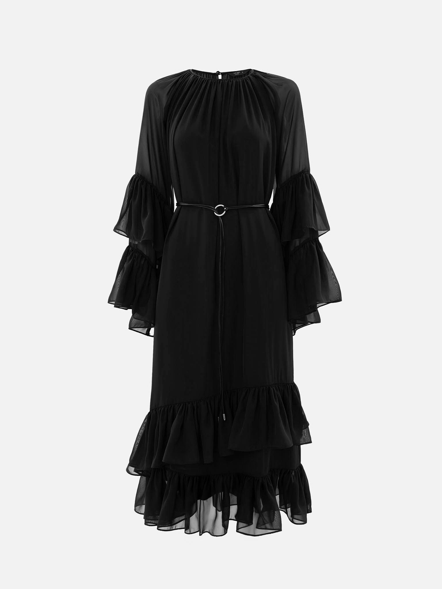 Chiffon midi dress with voluminous ruffles and eco-leather belt