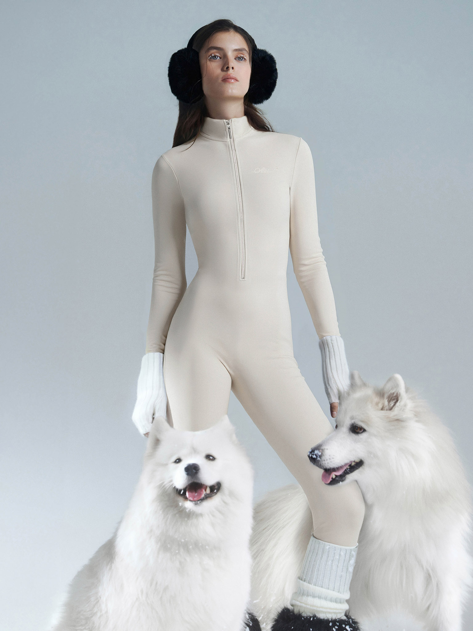 Insulated catsuit with frontal zip and embroidery