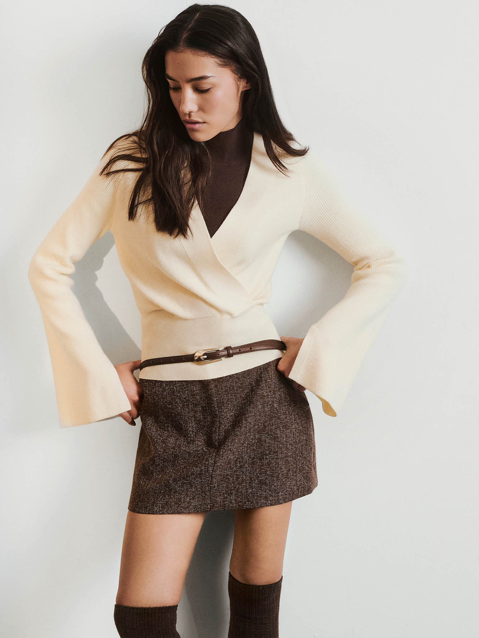 Knitted jumper with wrap imitation