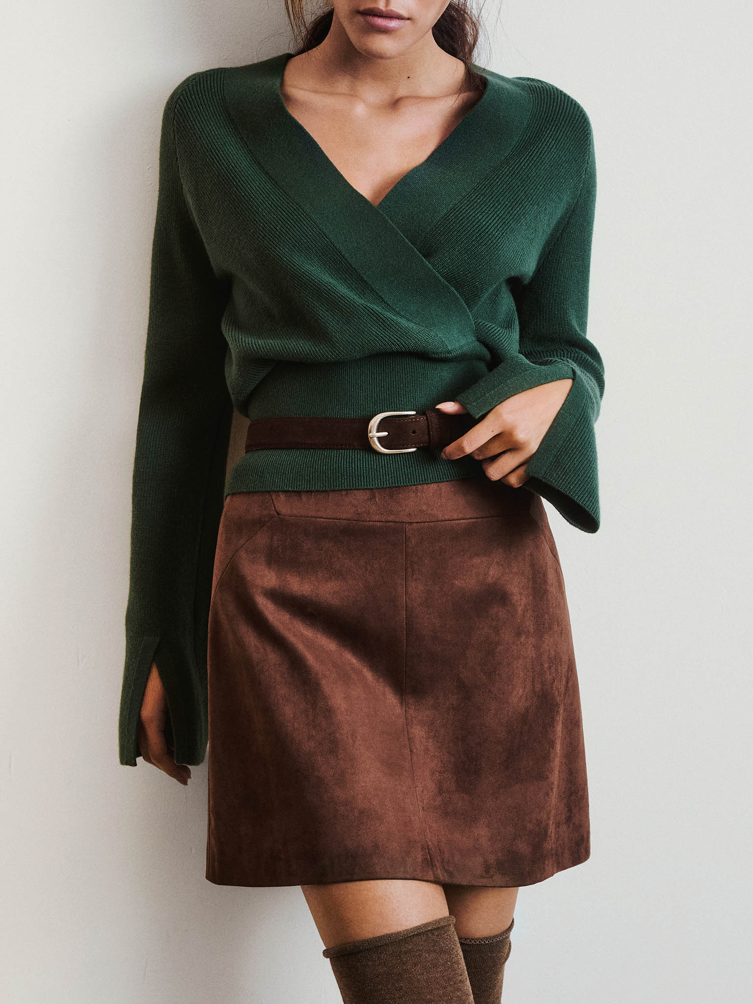 Knitted jumper with wrap imitation