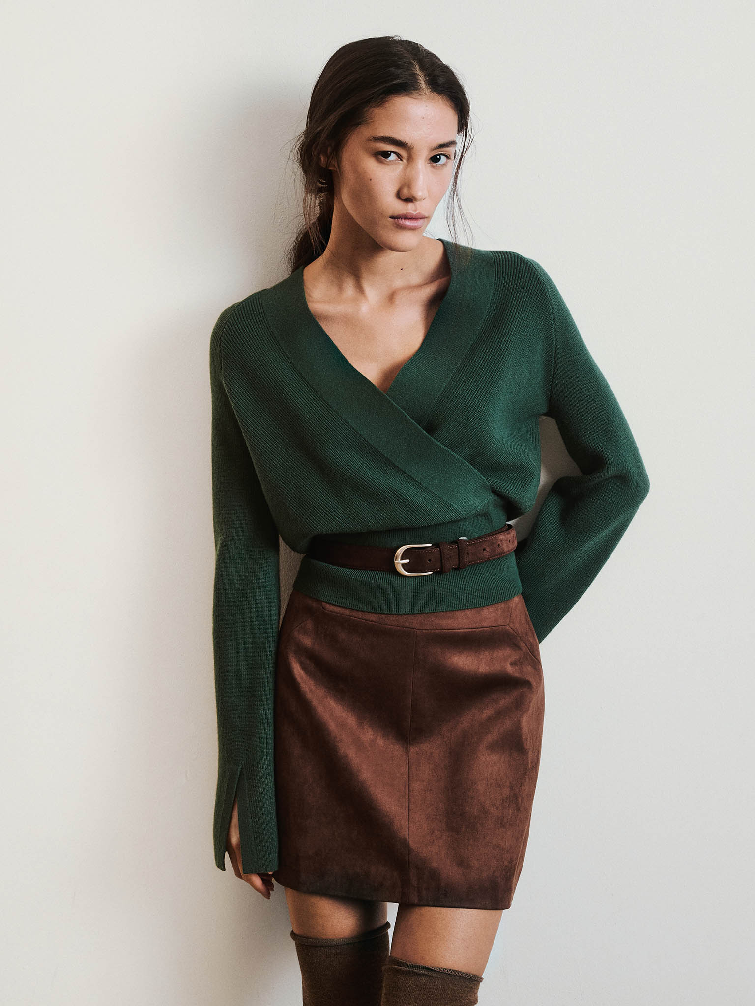 Knitted jumper with wrap imitation