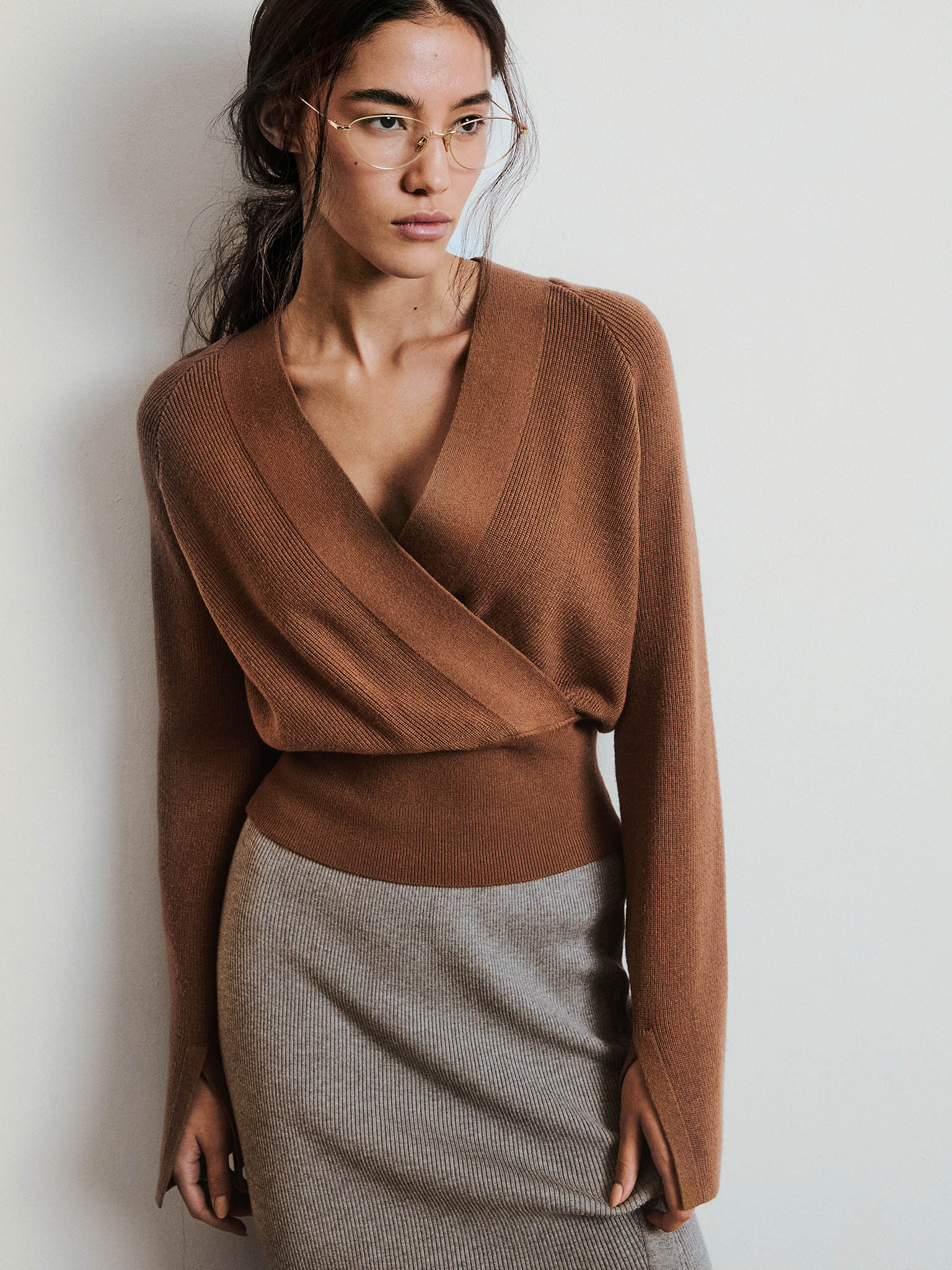 Knitted jumper with wrap imitation