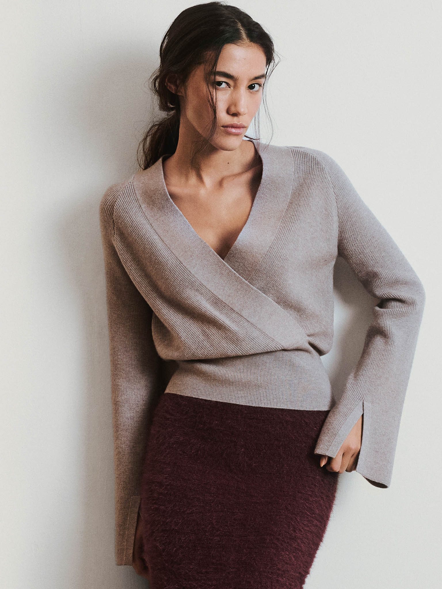 Knitted jumper with wrap imitation 