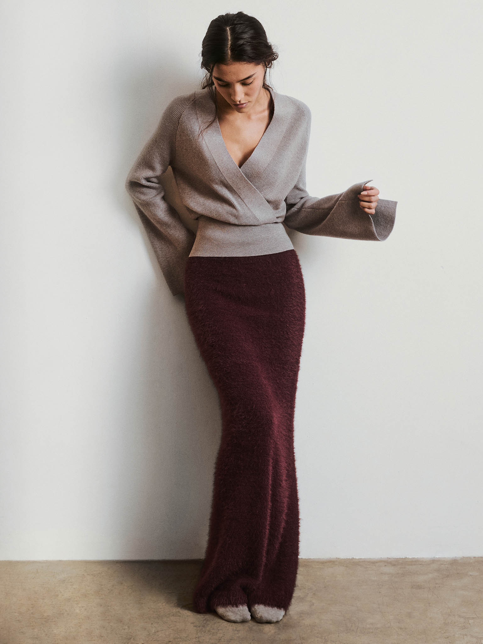 Knitted jumper with wrap imitation 