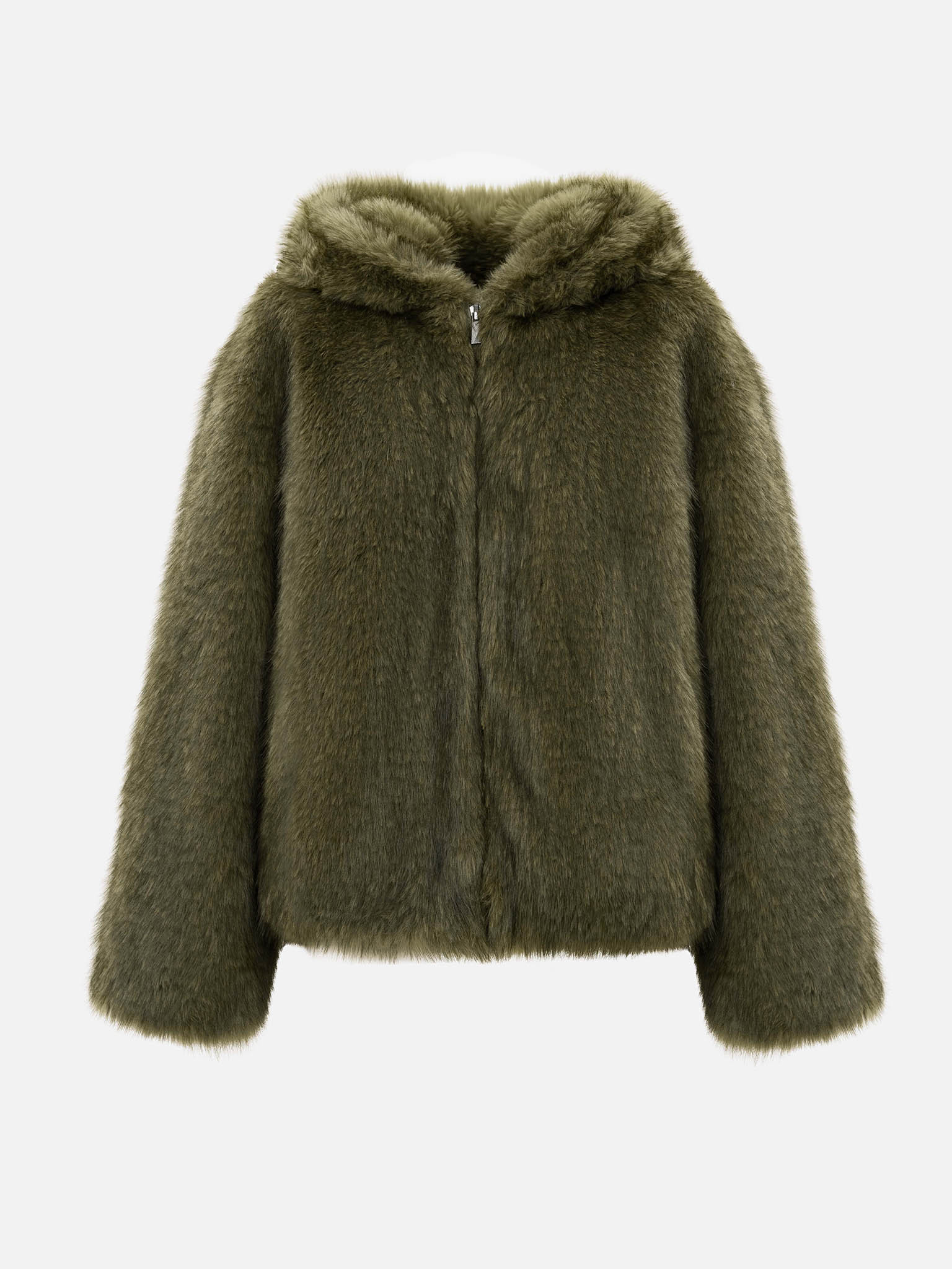 Short eco-fur coat with a zip and a hood :: LICHI - Online fashion