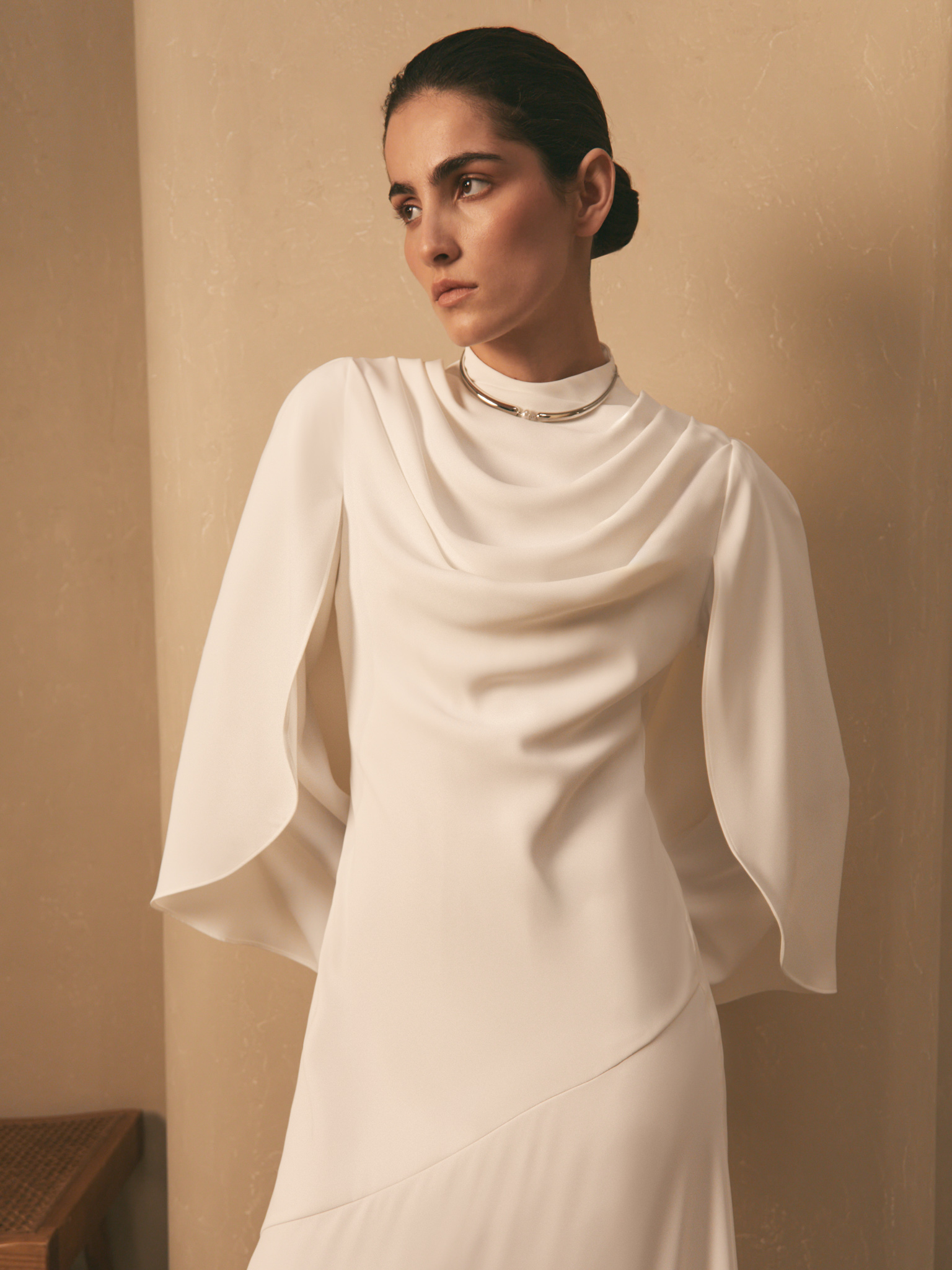 Maxi dress with high collar and draped bodice