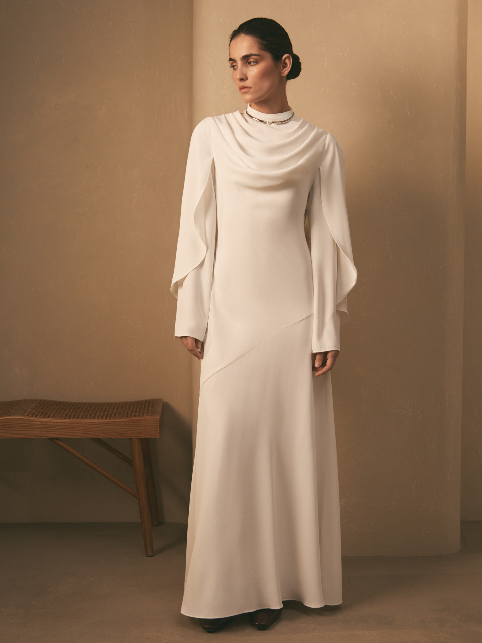 Maxi dress with high collar and draped bodice
