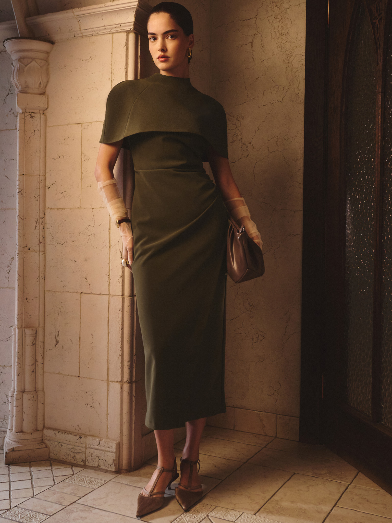 Fitted midi dress with a shoulder cape