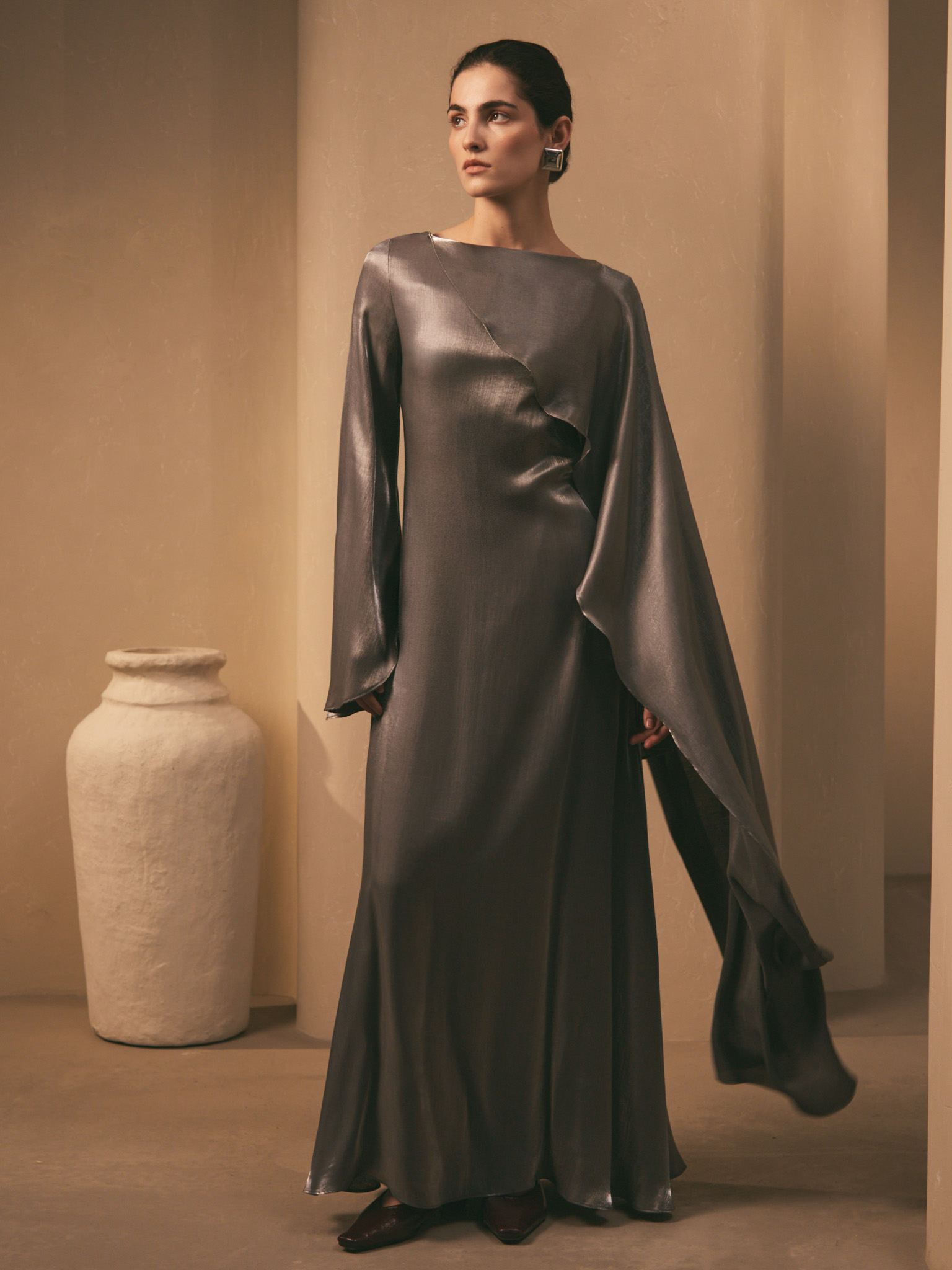 Textured maxi dress with one shoulder cape