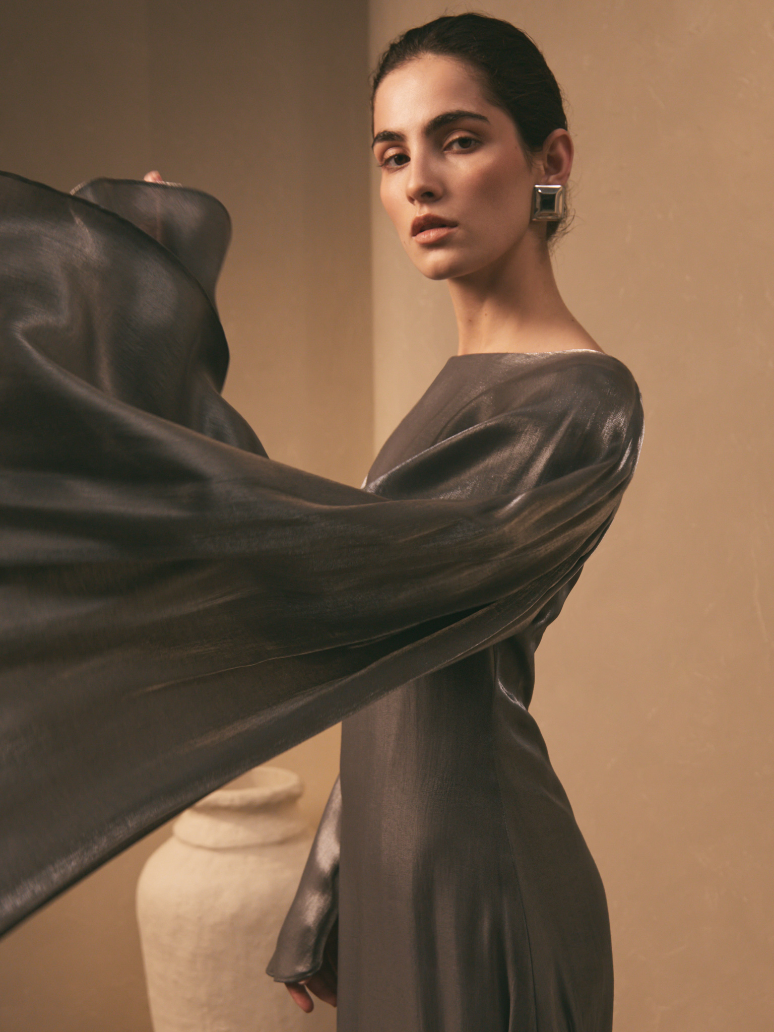 Textured maxi dress with one shoulder cape