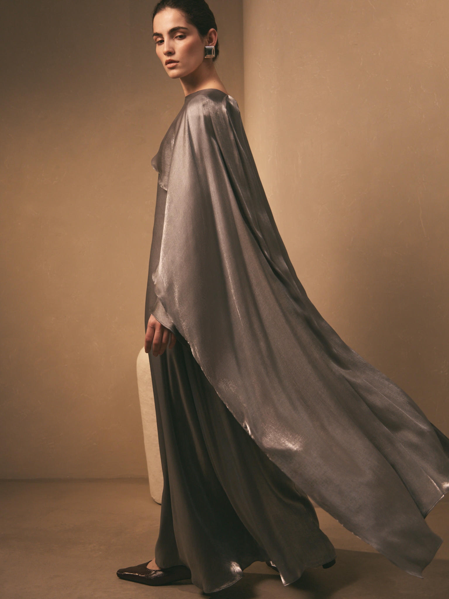 Textured maxi dress with one shoulder cape
