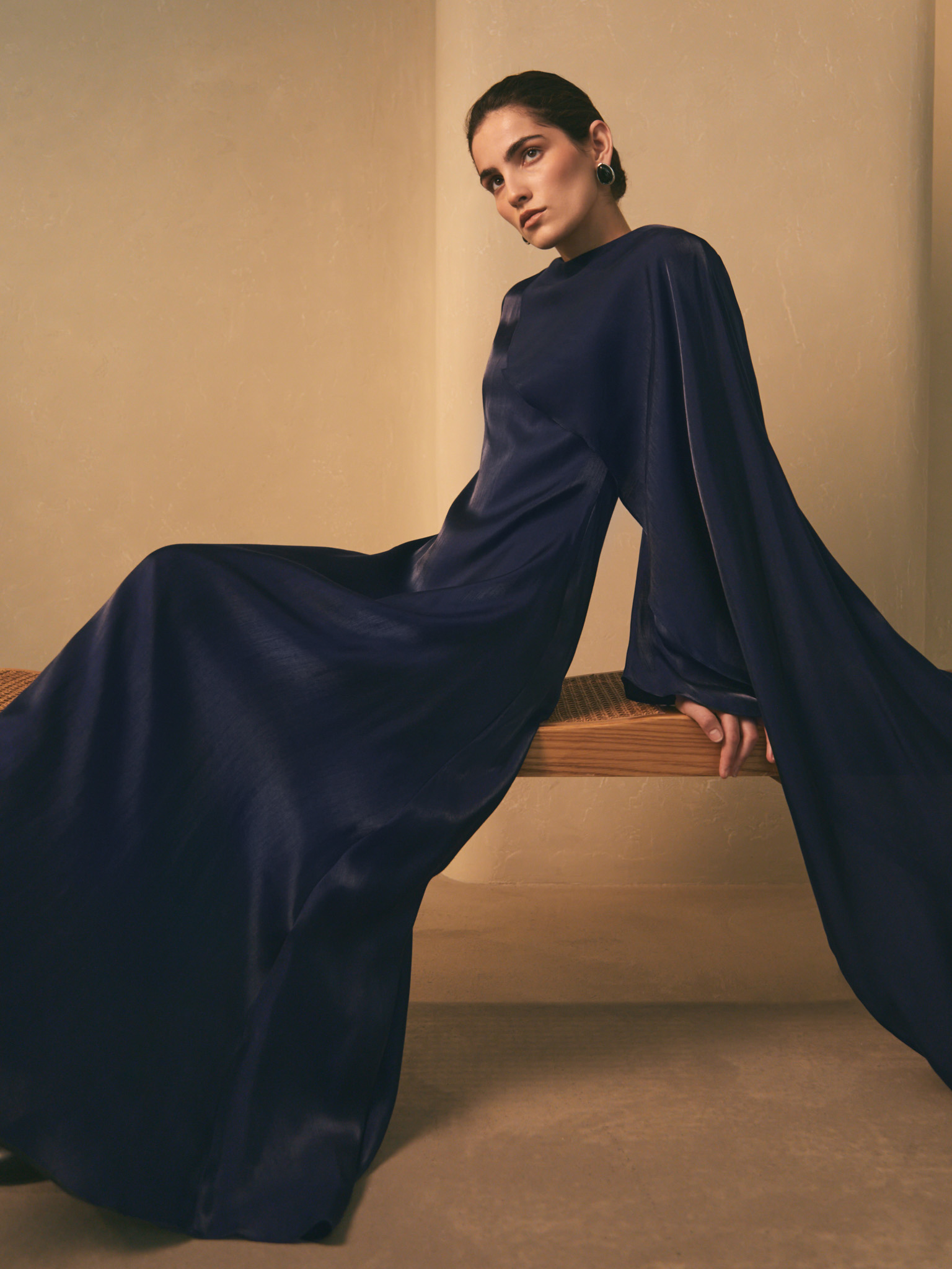 Textured maxi dress with one shoulder cape