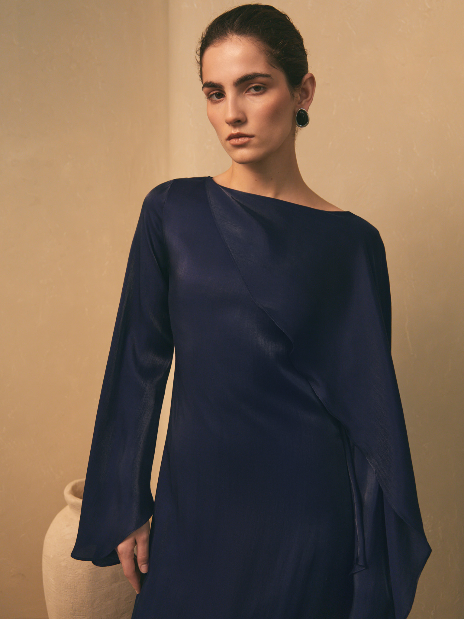 Textured maxi dress with one shoulder cape