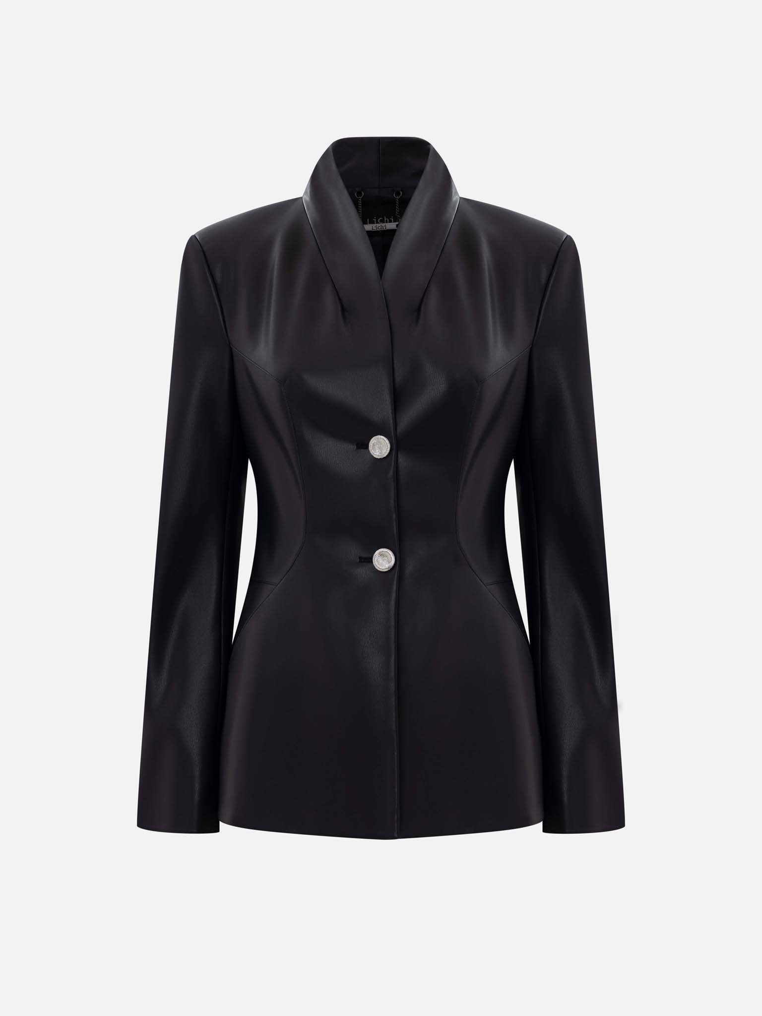 Fitted eco-leather jacket with contrasting buttons