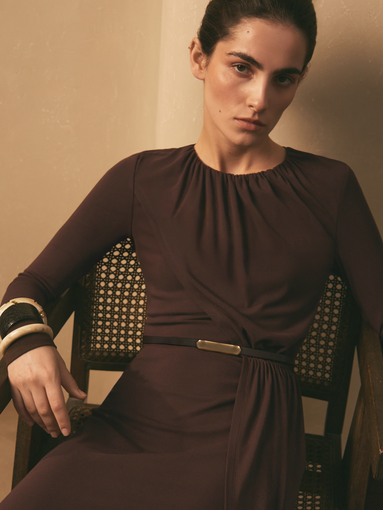 Viscose jersey midi dress with matching belt