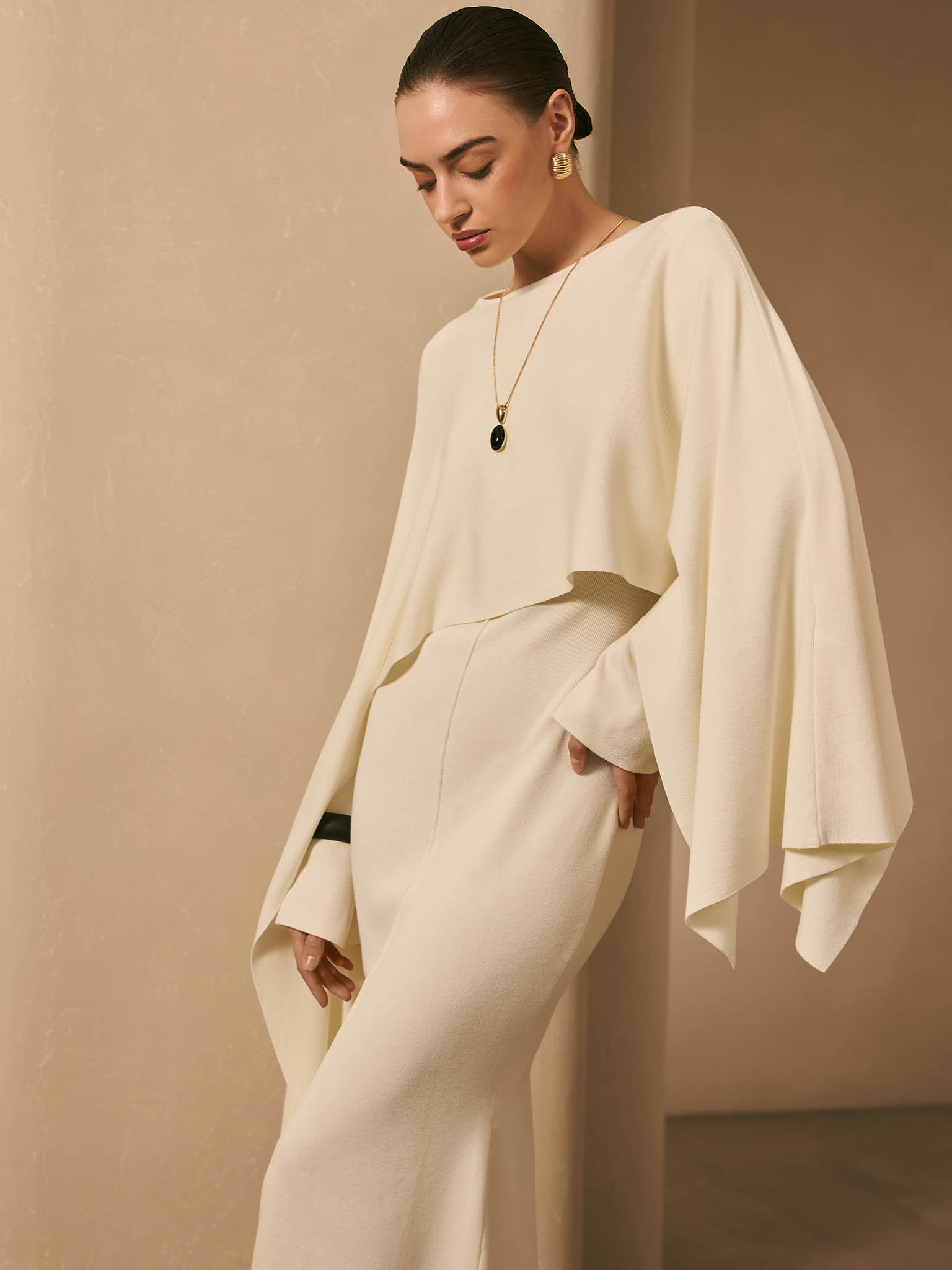 Viscose knitted maxi dress with long shoulder cape