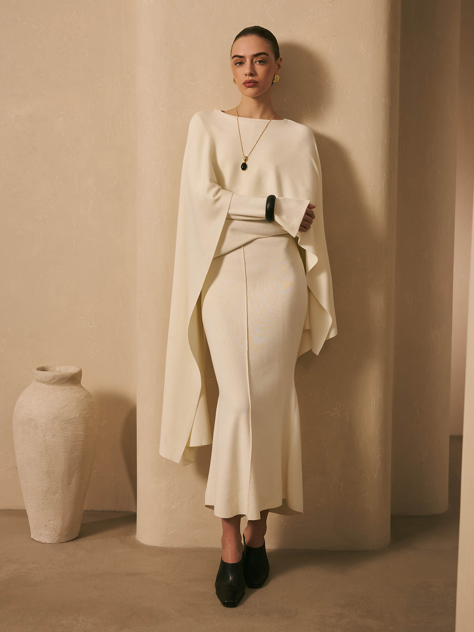 Viscose knitted maxi dress with long shoulder cape